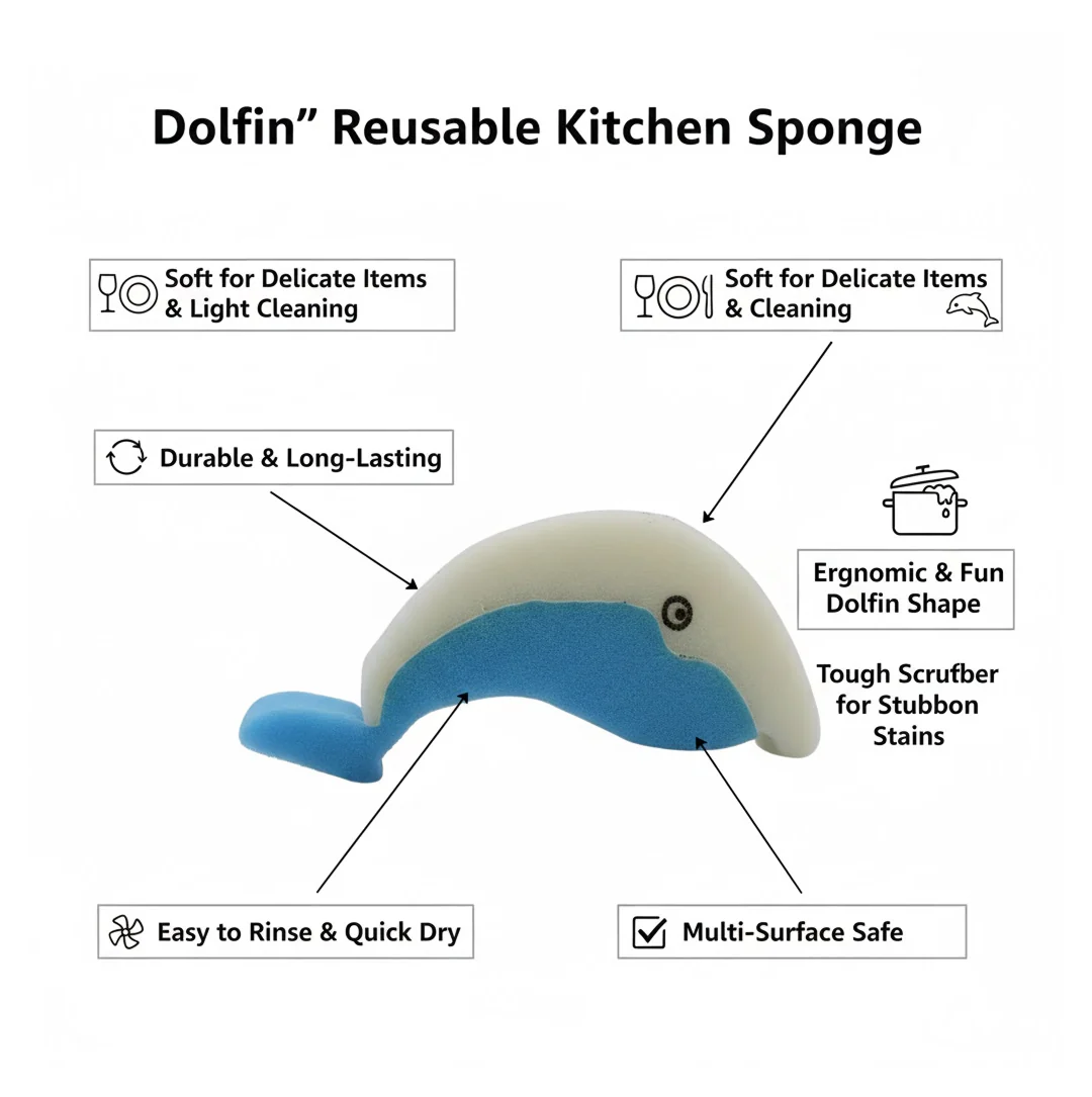 Dolfin Reusable Kitchen Sponge – Superior, Multi-Surface, Low Maintenance (1 Pc) - Image 3
