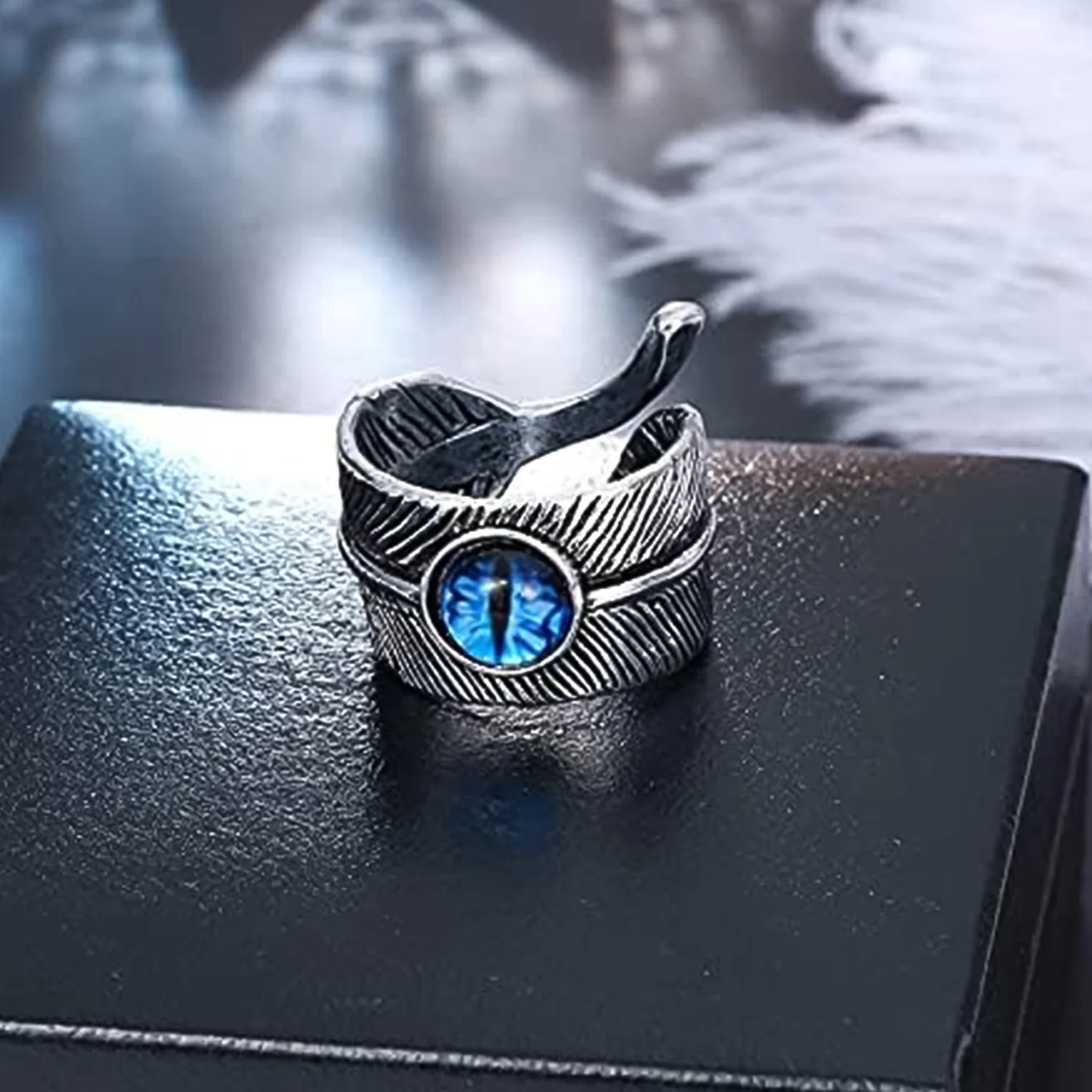 Open Blue Evil Eye Feather Finger Ring - Image 2
