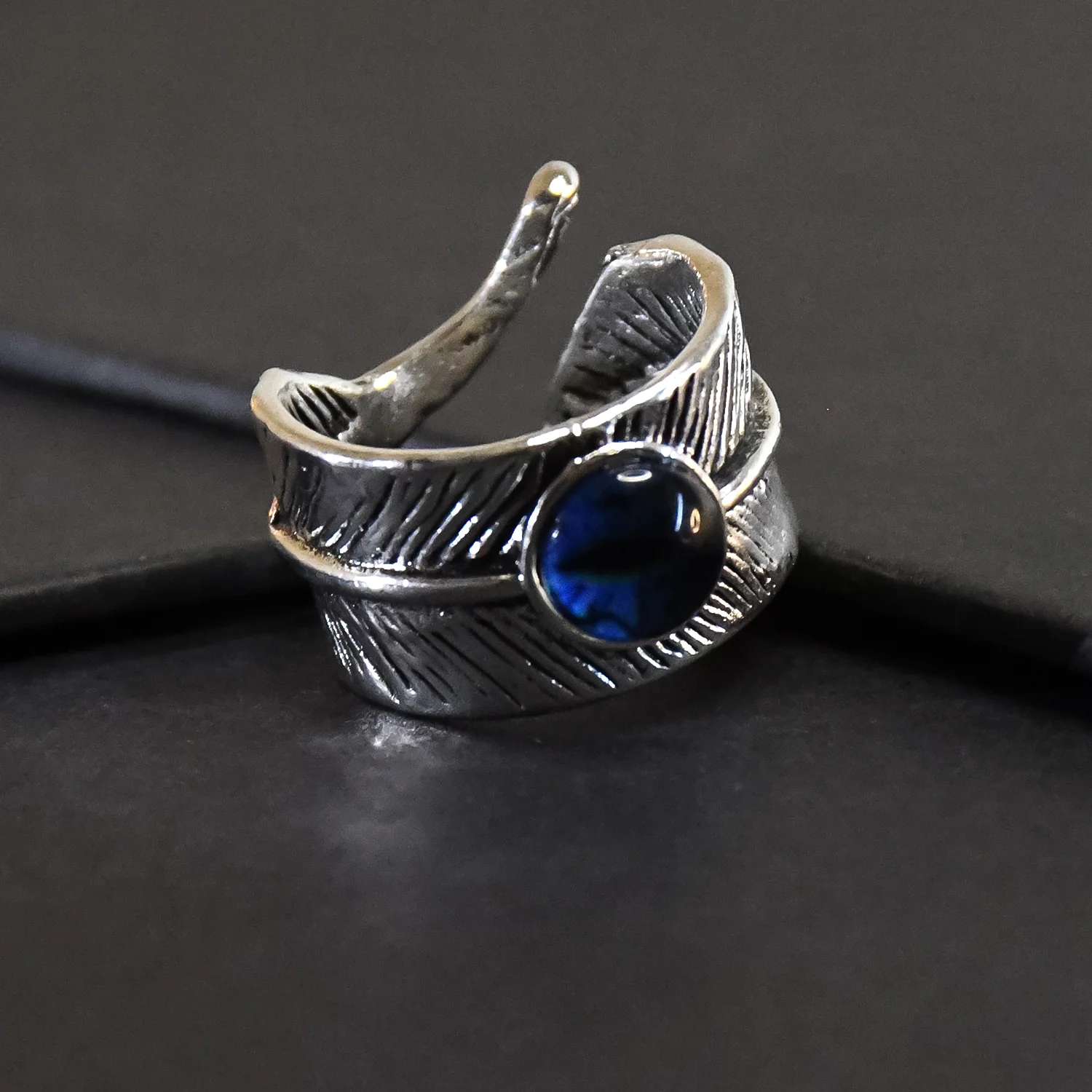 Open Blue Evil Eye Feather Finger Ring - Image 5