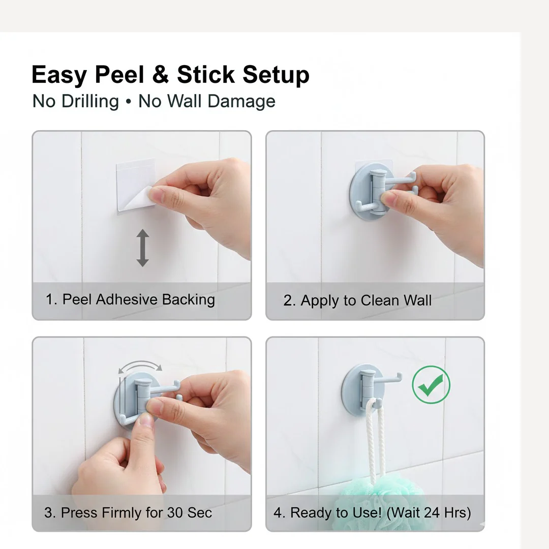 180° Rotating Punch-Free 3-Hook Sticky Hook – 1 Pc - Image 3
