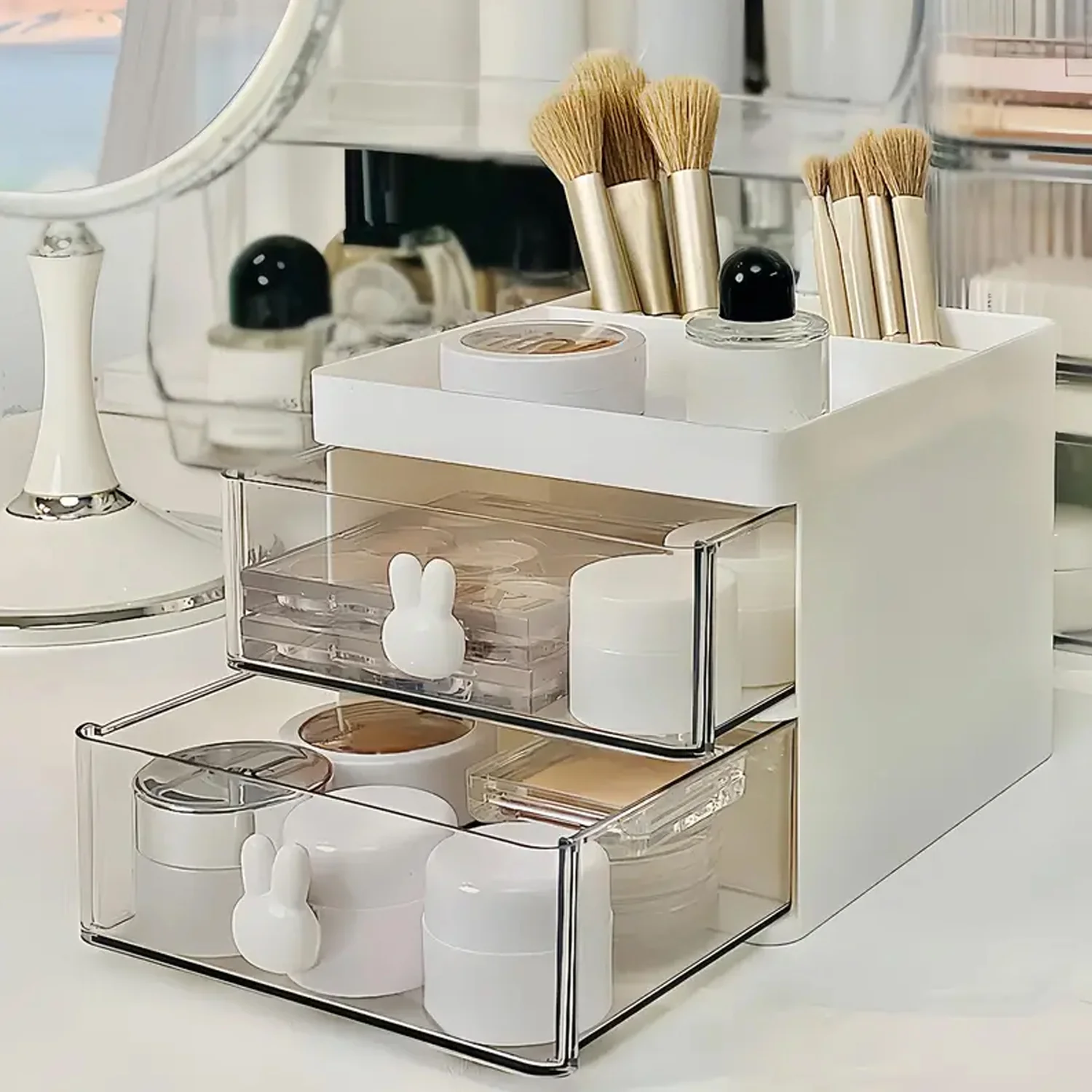 2 Layer 5 Compartment Desk Organizer with Transparent Drawer (1 Pc / 15×13×11 Cm) - Image 4