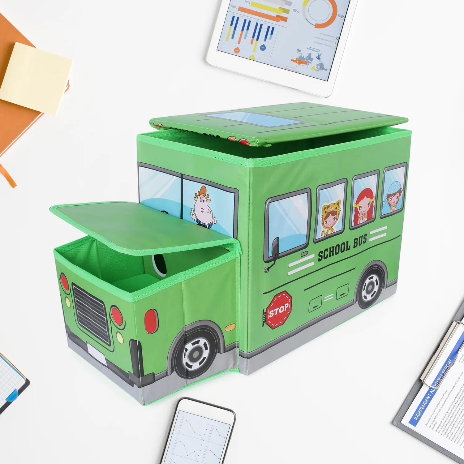 Foldable Bus Shape Toy Box Storage with Lid for Storage of Toys Basket Useful as Toy Organizer mountable Racks Surface Multipurpose Basket for Kids Wardrobe Cabinet Wood with Cloth Cover For Home Decor Books, Game, Baby Cloth (Mix Color & Design ) - Image 2
