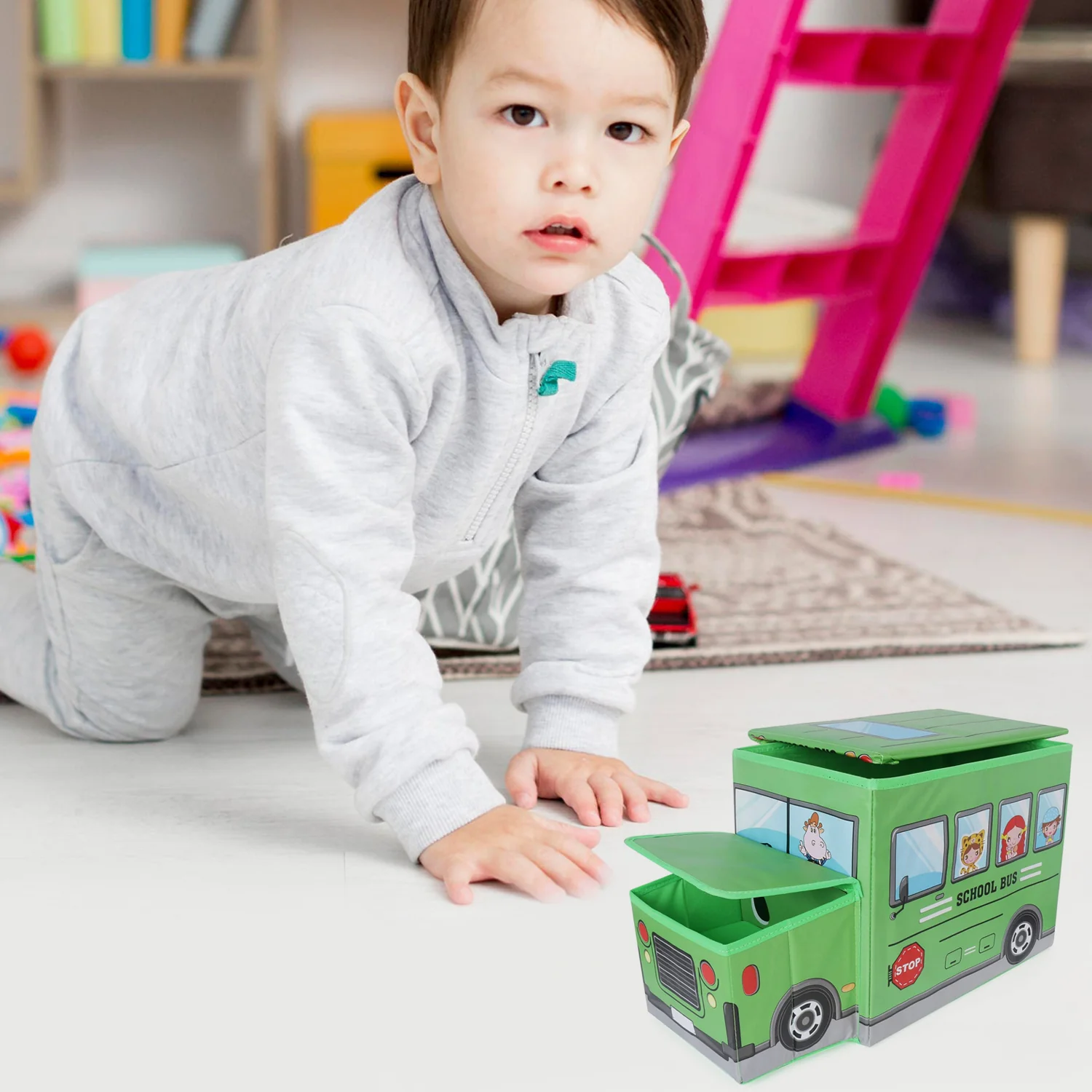 Foldable Bus Shape Toy Box Storage with Lid for Storage of Toys Basket Useful as Toy Organizer mountable Racks Surface Multipurpose Basket for Kids Wardrobe Cabinet Wood with Cloth Cover For Home Decor Books, Game, Baby Cloth (Mix Color & Design ) - Image 7