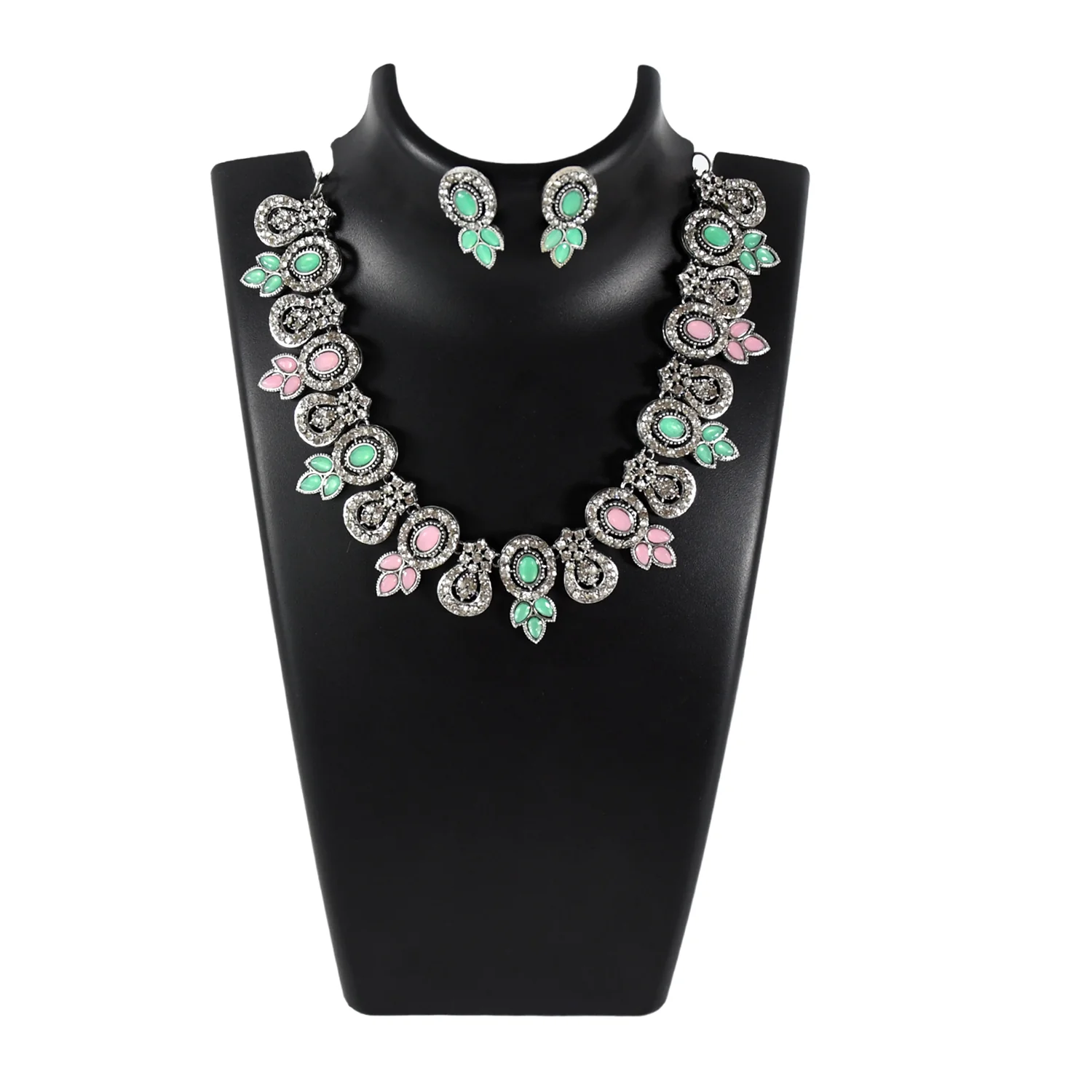 Exquisite Pink & Green Color Necklace Set - Image 5