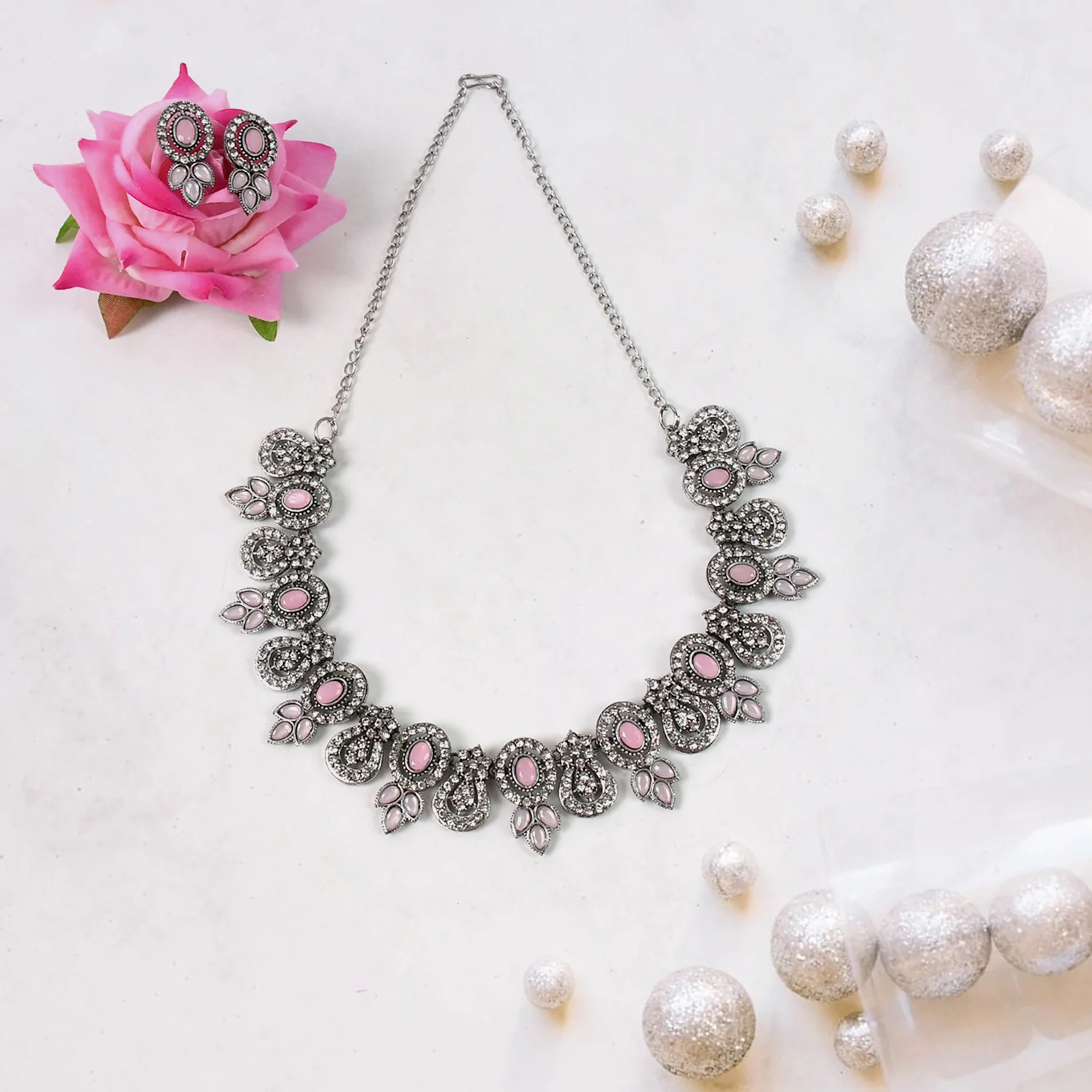 Exquisite Pink & White Diamond Necklace Set - Radiant Elegance - Image 2