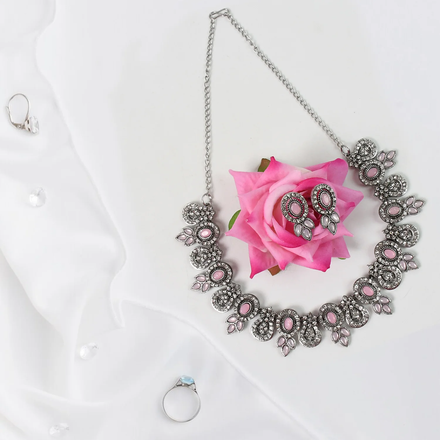 Exquisite Pink & White Diamond Necklace Set - Radiant Elegance - Image 4