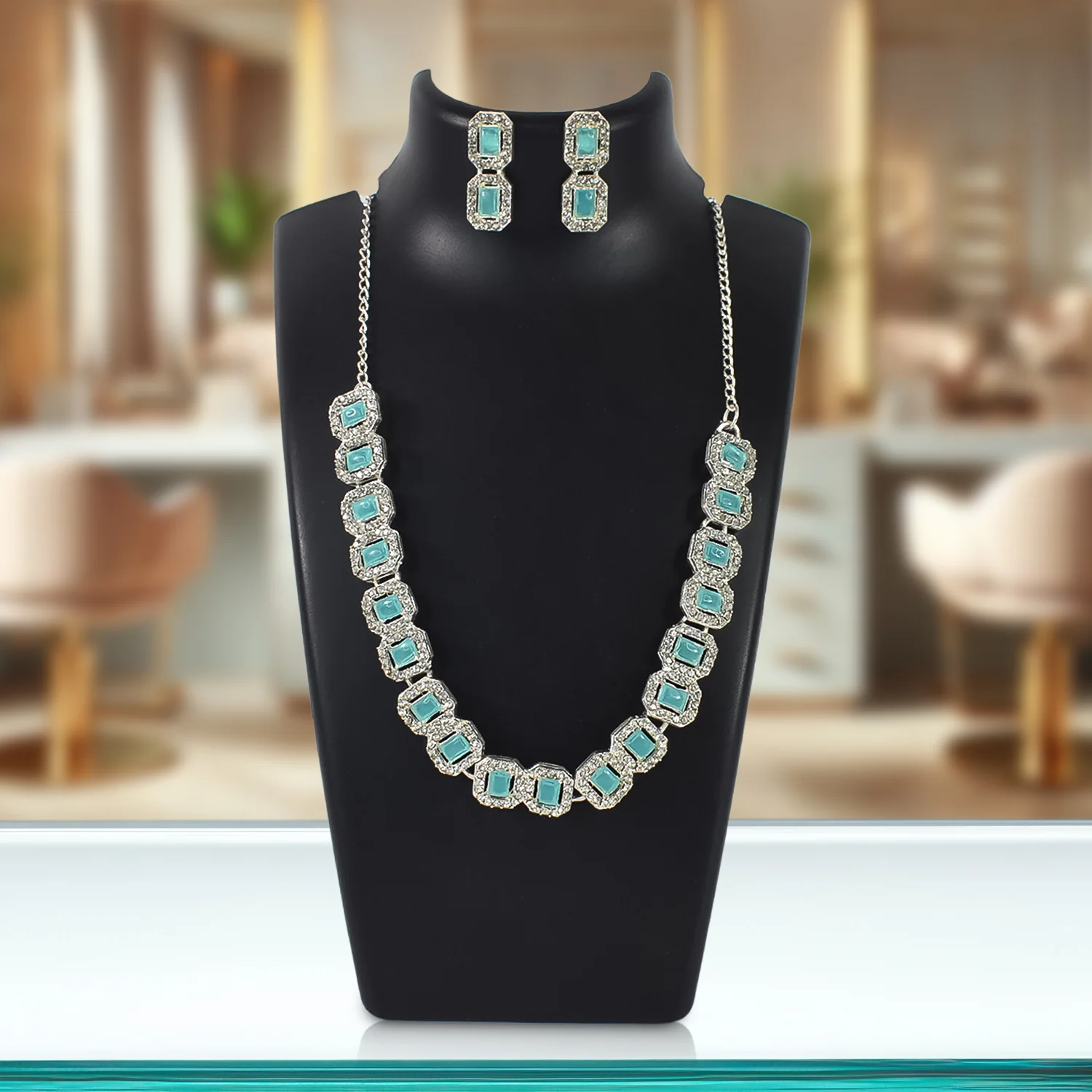 Sky Blue American Diamond Studded Jewellery Necklace Set - Image 2