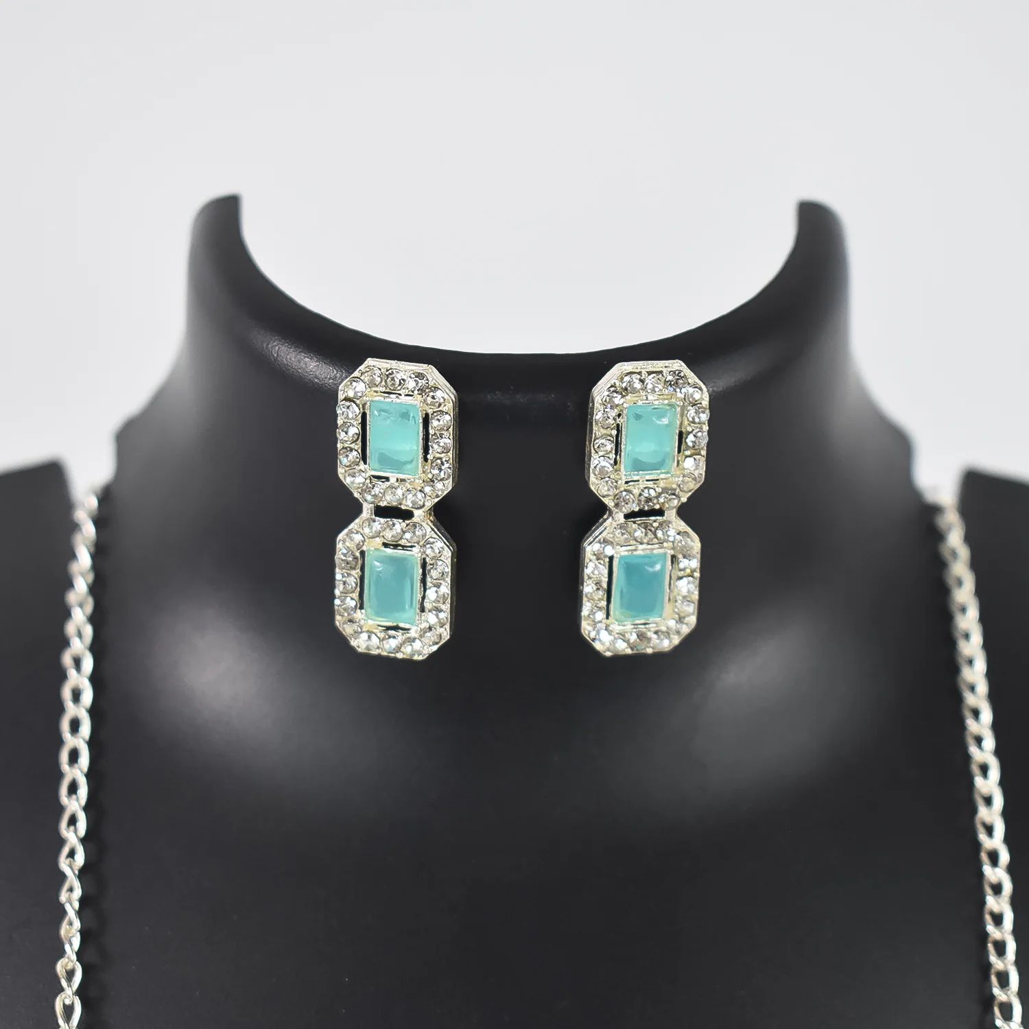 Sky Blue American Diamond Studded Jewellery Necklace Set - Image 3