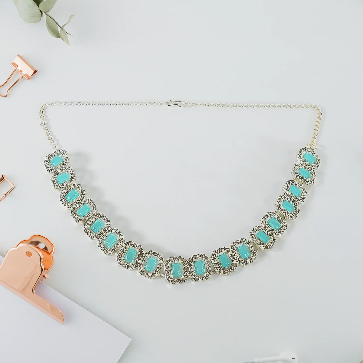 Sky Blue American Diamond Studded Jewellery Necklace Set - Image 4