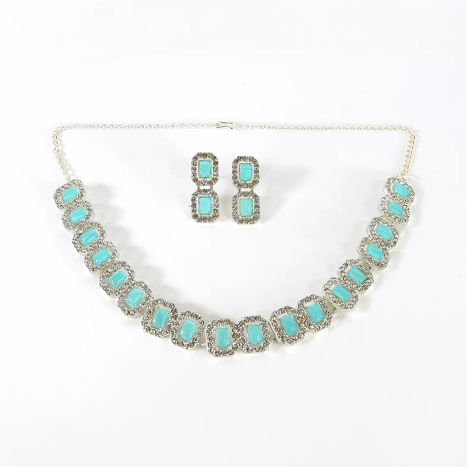 Sky Blue American Diamond Studded Jewellery Necklace Set - Image 5