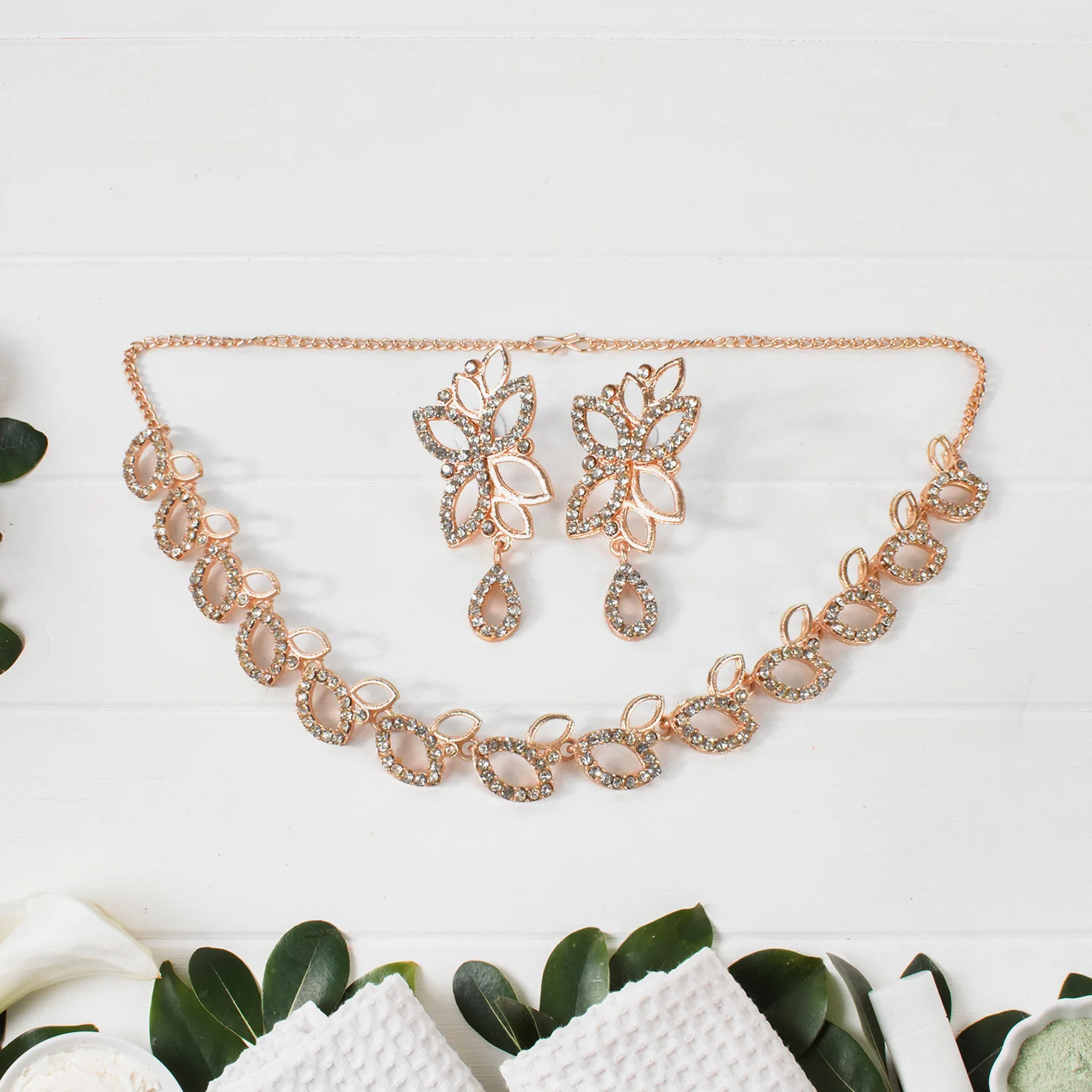 American Diamond Studded Floral Shaped Necklace With Earrings - Image 2