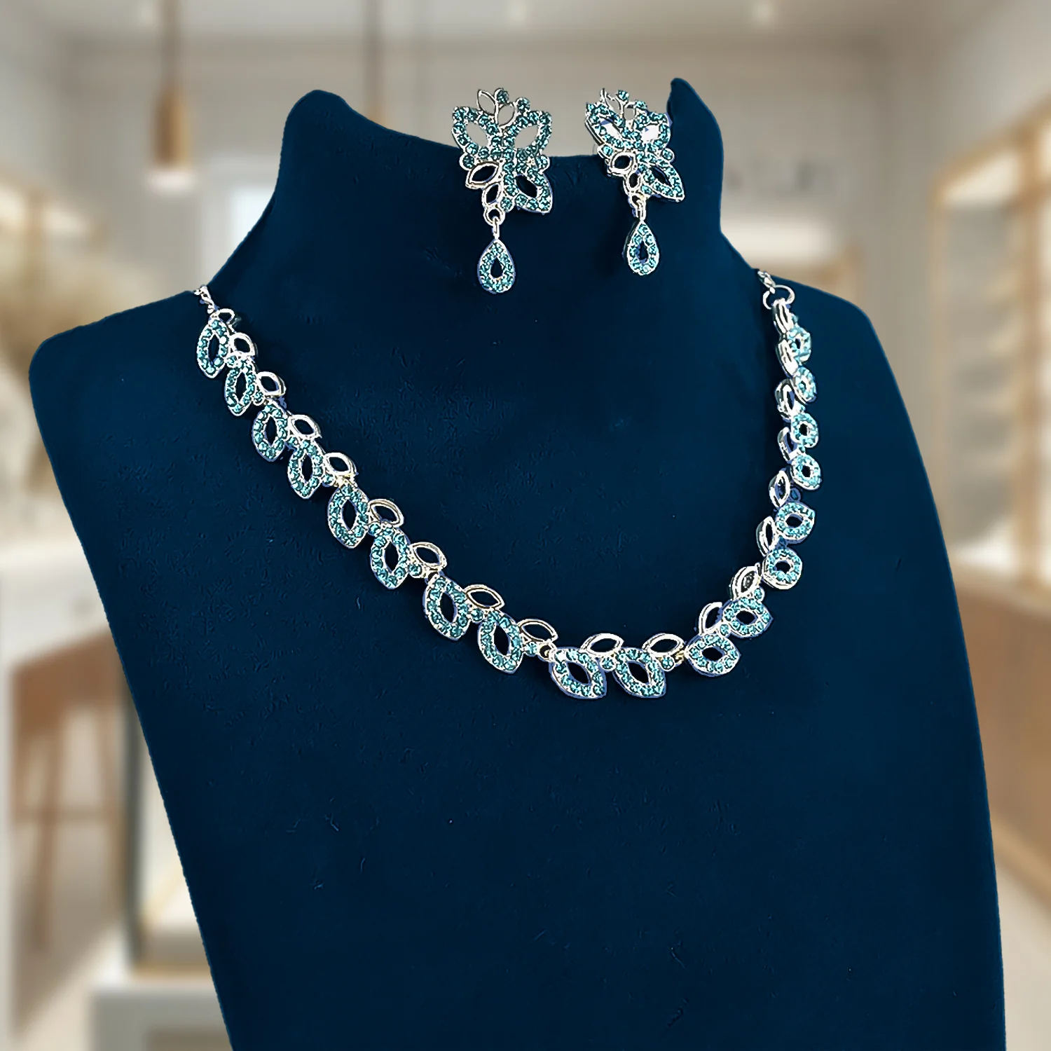 American Diamond Studded Floral Shaped Necklace With Earrings - Image 2