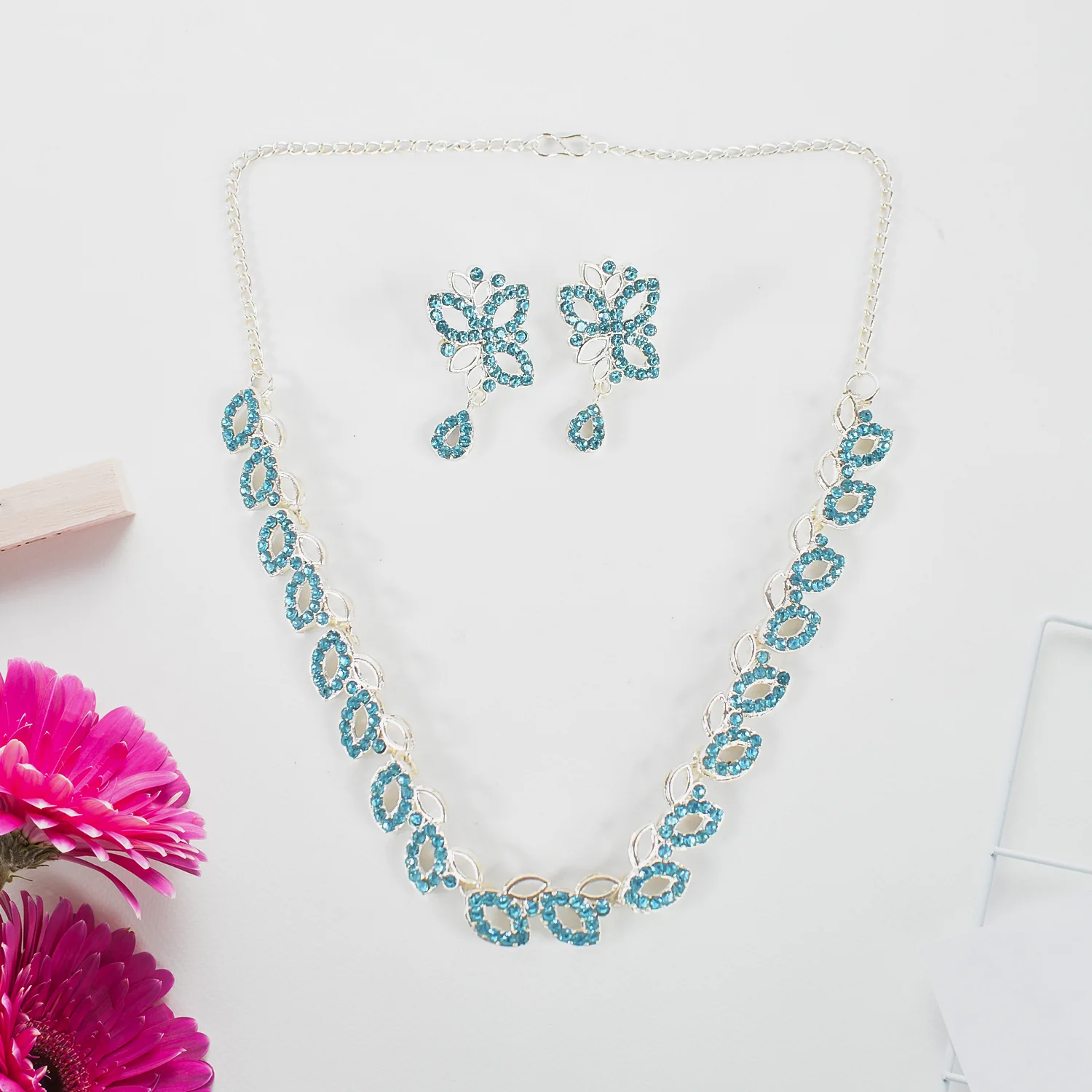 American Diamond Studded Floral Shaped Necklace With Earrings - Image 3