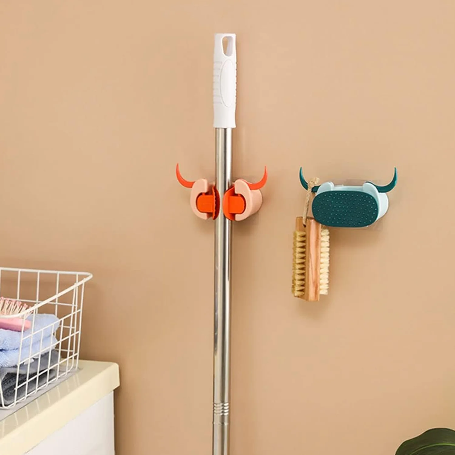 Multifunctional Cartoon Sticky Punch Free Mop Holder Wall Mounted Broom Organizer Cleaning Tools Holder Hanger, Self Adhesive Cute Cow Head Suction Cup Hanging Hook for Bathroom Kitchen (1 Pc) - Image 3