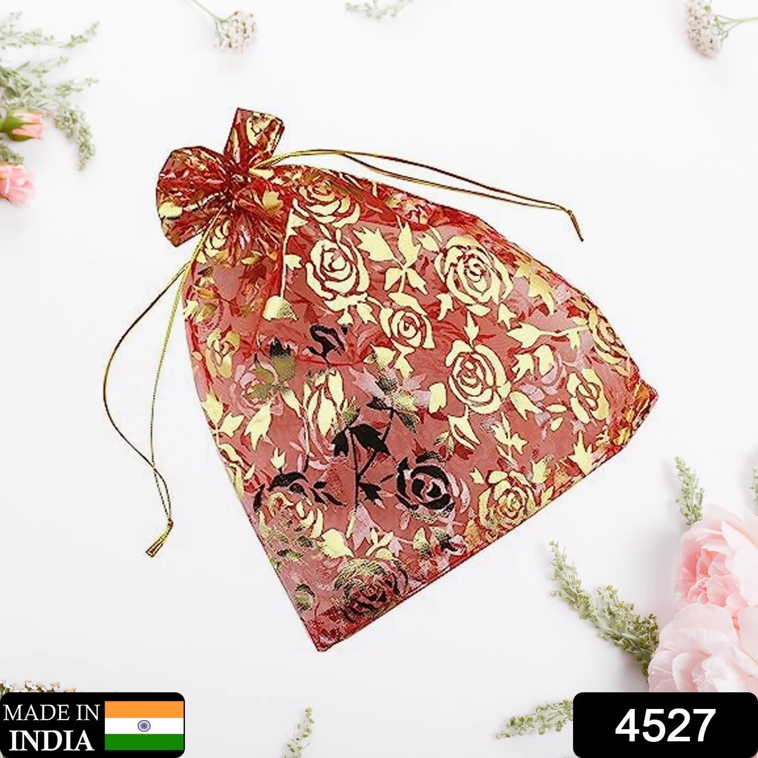 Net Fabric Drawstring Pouch – Organza Shagun Potli for Dry Fruits (Mix Sizes & Design) - Image 2