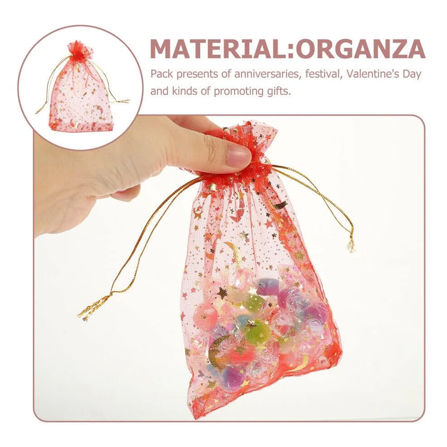 Net Fabric Drawstring Pouch – Organza Shagun Potli for Dry Fruits (Mix Sizes & Design) - Image 5