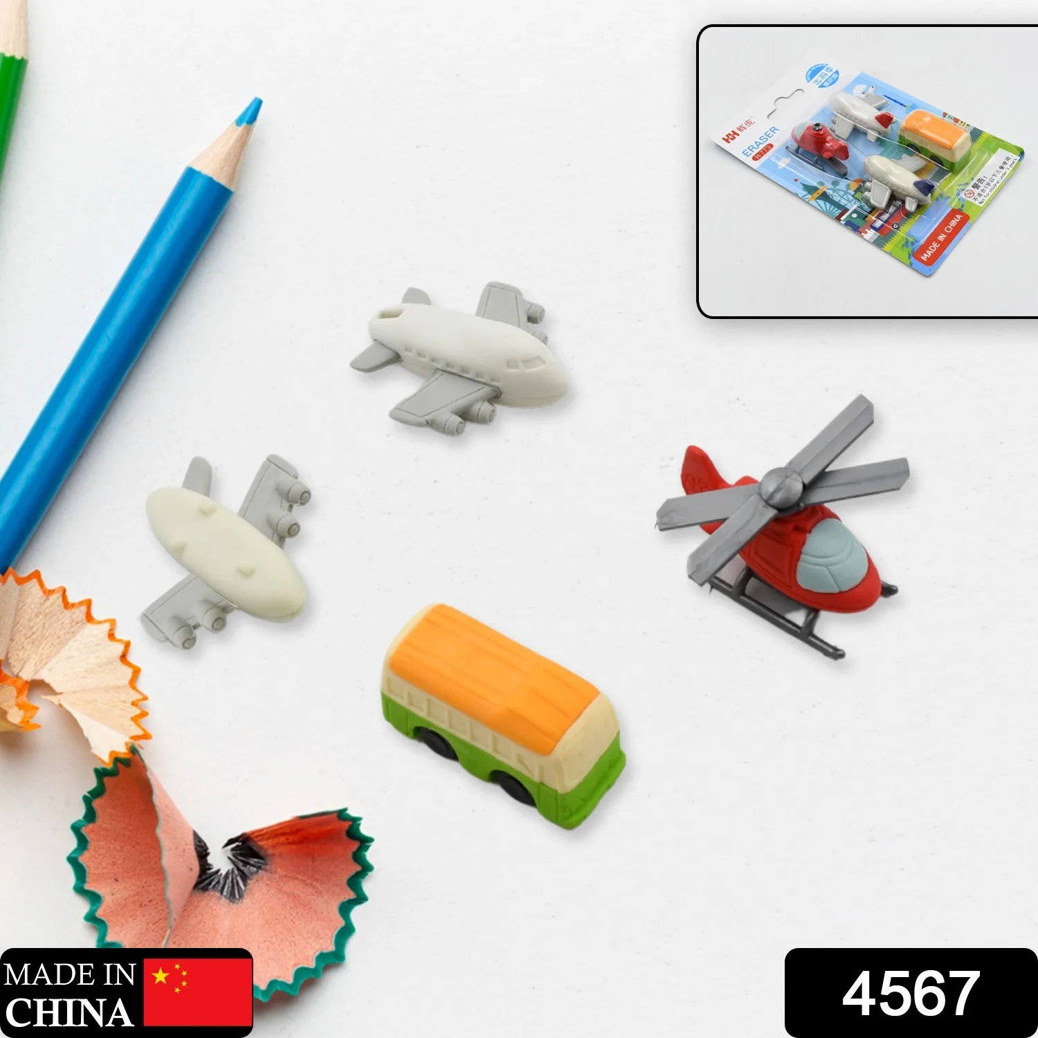 Vehicle Pattern Eraser School Stationery Use Eraser (4 Pc Set) - Image 2