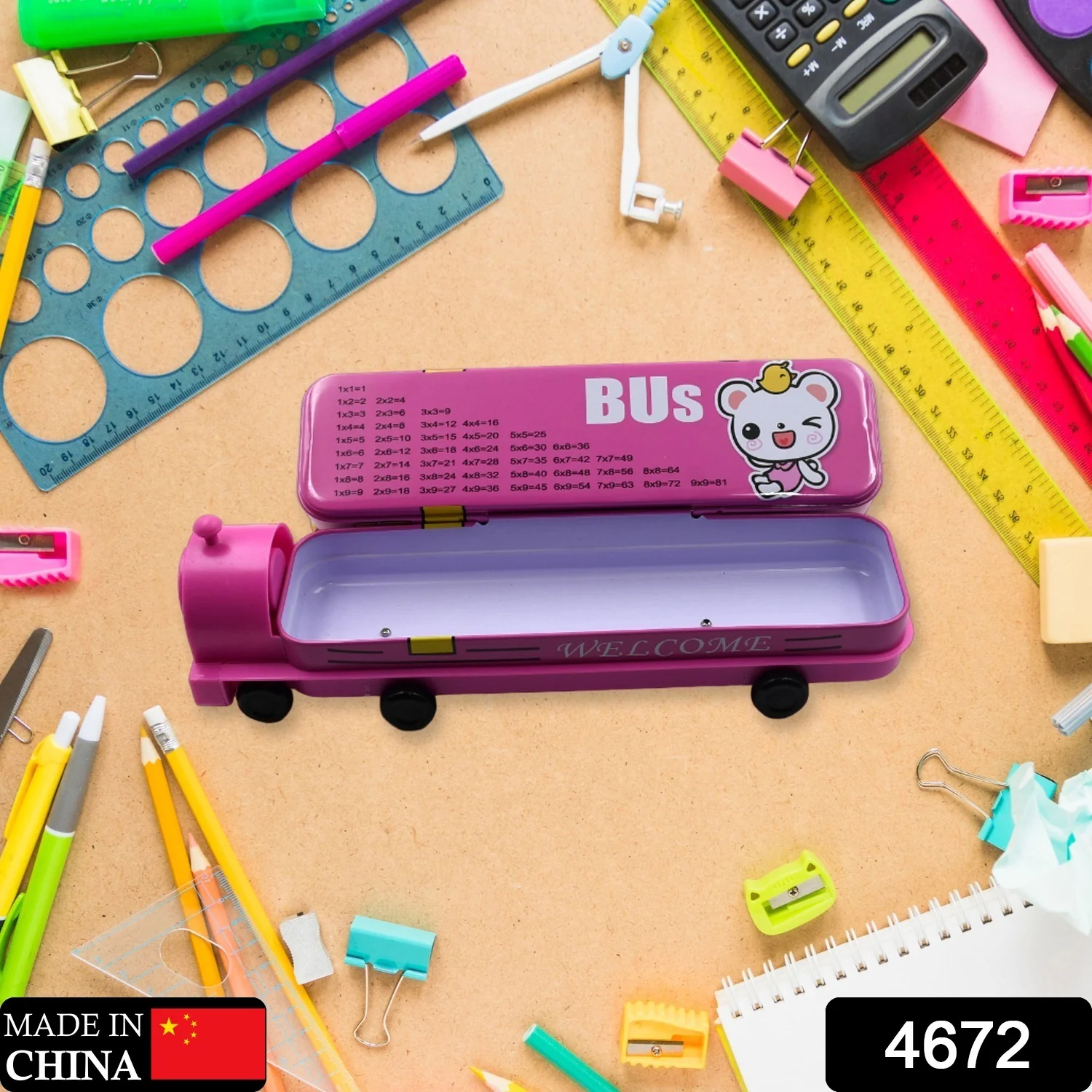 Double Decker Metal Bus Compass Case – 2-Layer Movable Wheels & Sharpener for Kids - Image 2