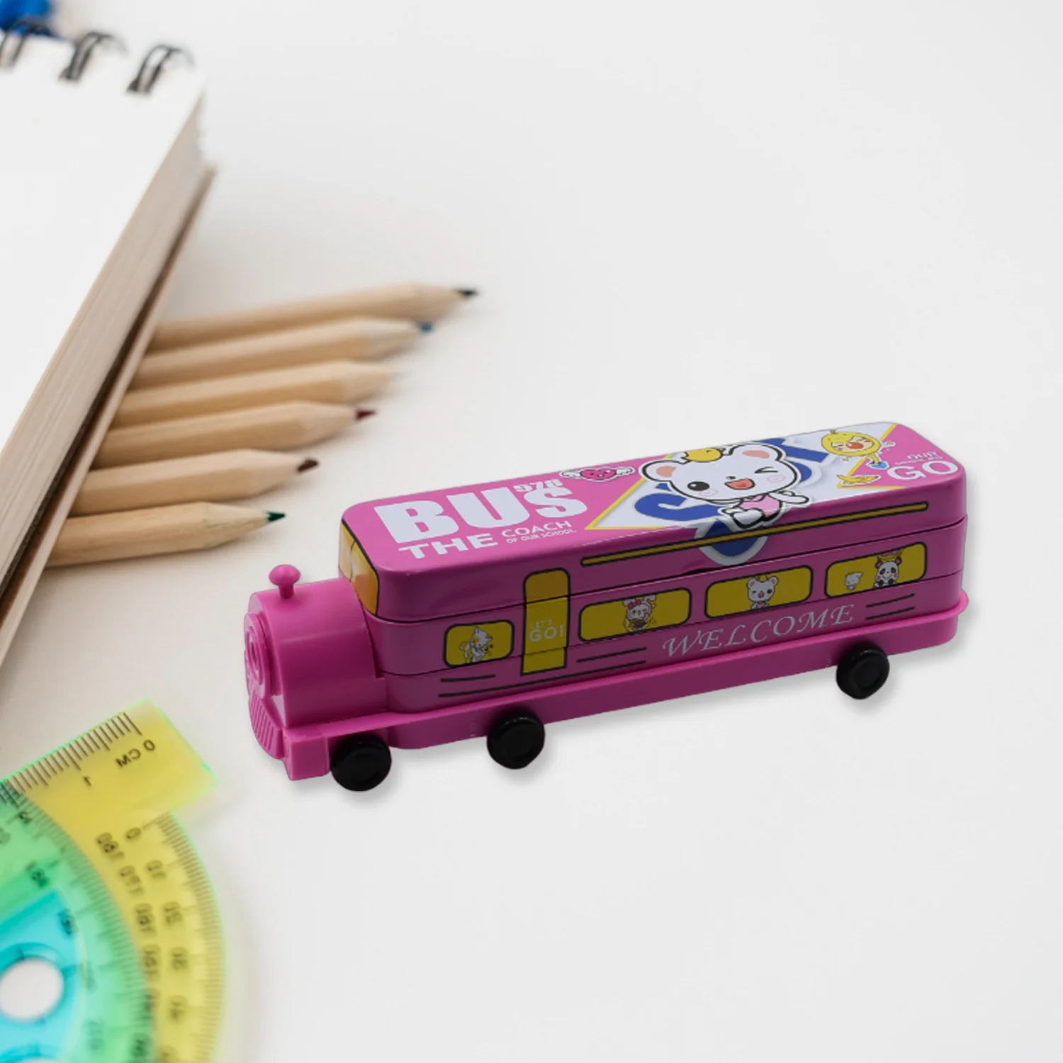 Double Decker Metal Bus Compass Case – 2-Layer Movable Wheels & Sharpener for Kids - Image 3