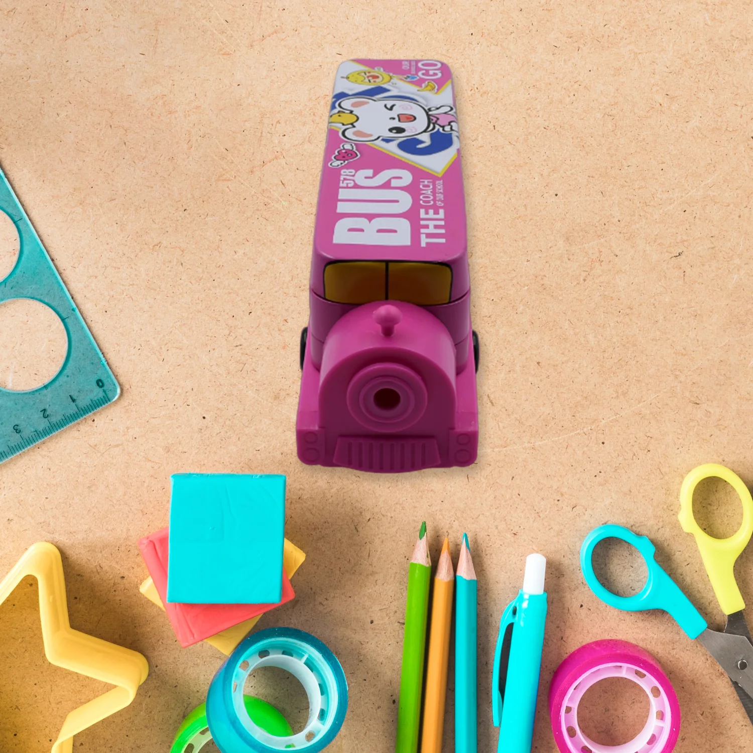Double Decker Metal Bus Compass Case – 2-Layer Movable Wheels & Sharpener for Kids - Image 5