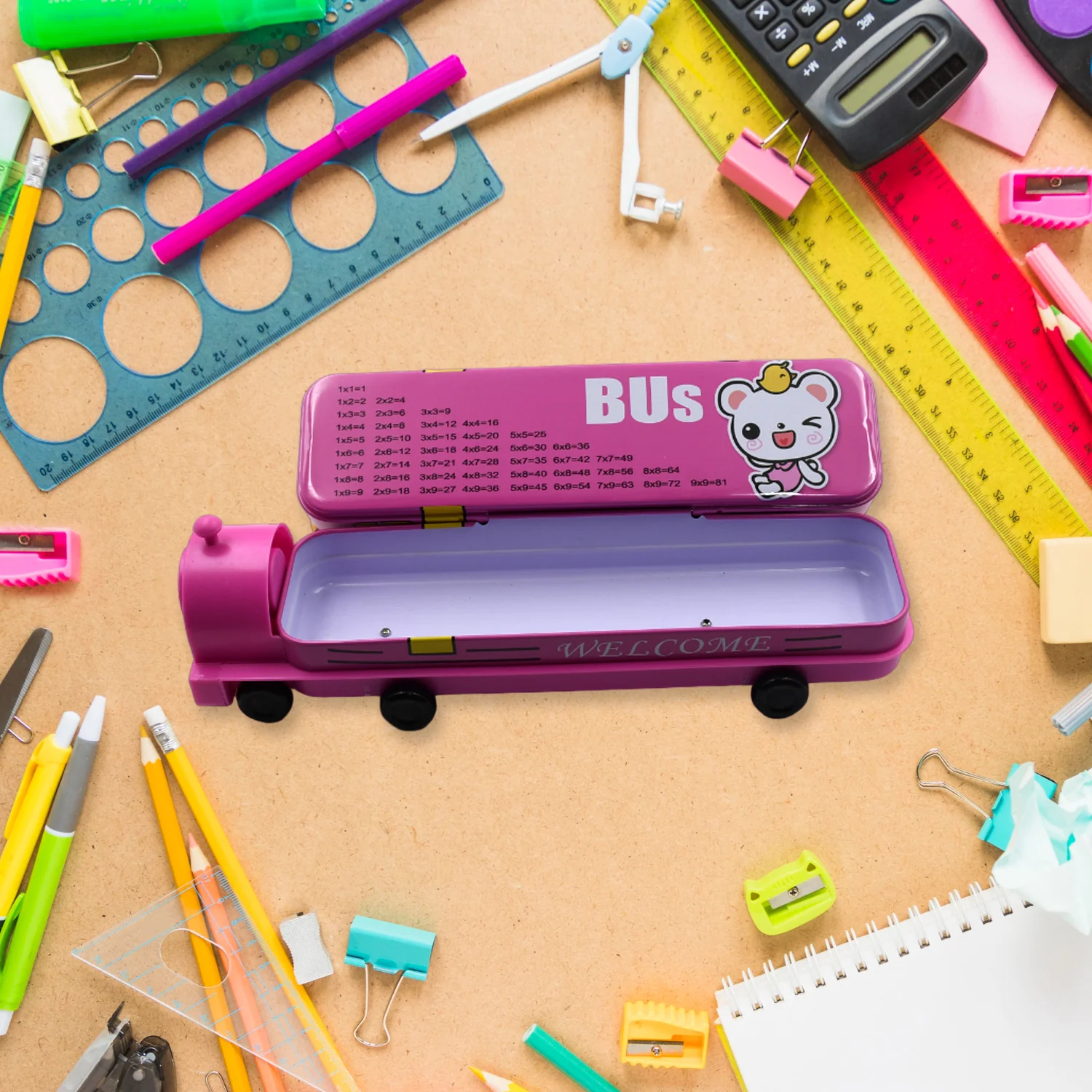 Double Decker Metal Bus Compass Case – 2-Layer Movable Wheels & Sharpener for Kids - Image 6