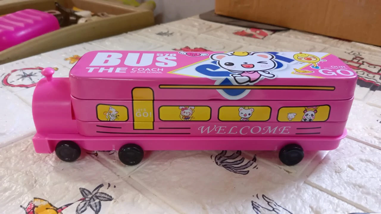 Double Decker Metal Bus Compass Case – 2-Layer Movable Wheels & Sharpener for Kids - Image 7