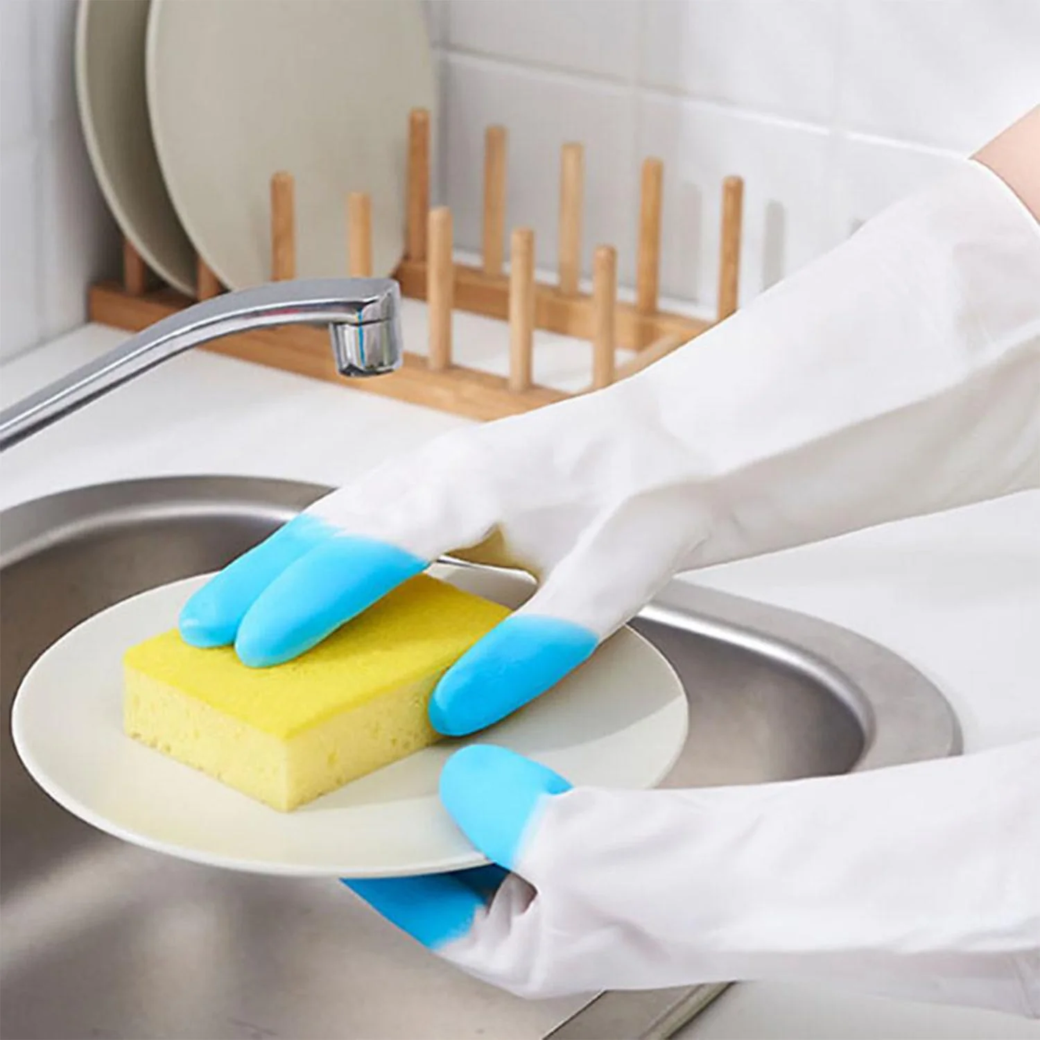 Reusable Rubber Latex PVC Flock lined Elbow Length Hand Gloves cleaning gloves - Image 3