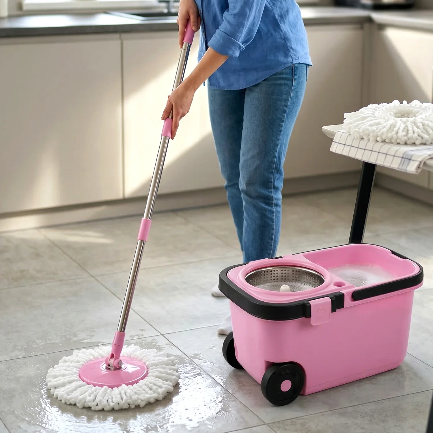 Quick Spin Mop With Steel Spin, Bucket Floor Cleaning, Easy Wheels & Big Bucket, Floor Cleaning Mop with Bucket - Image 4