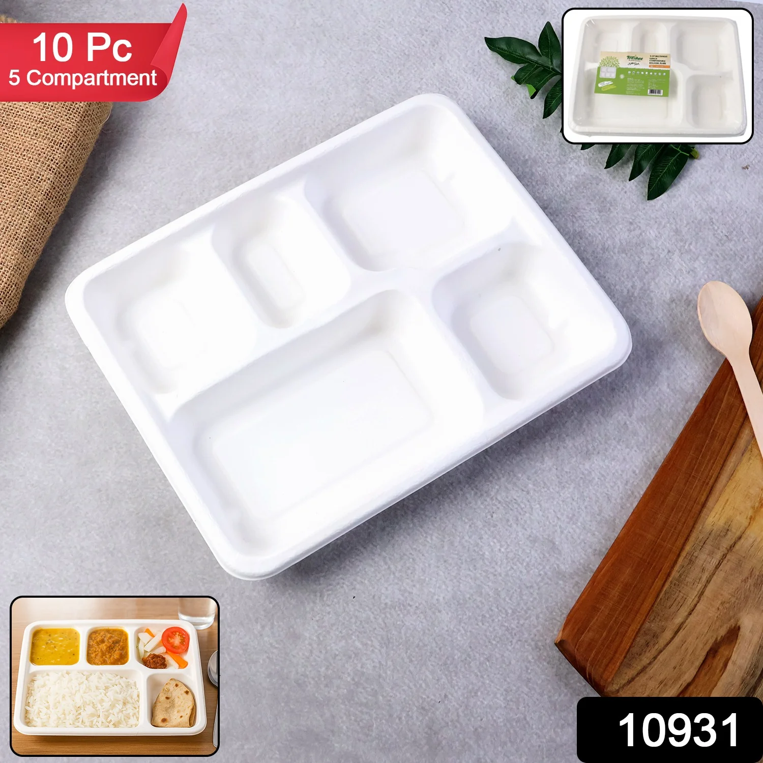 5-Compartment Rectangle Lunch Compostable Bagasse Plate – 10 Pcs Pack - Image 2