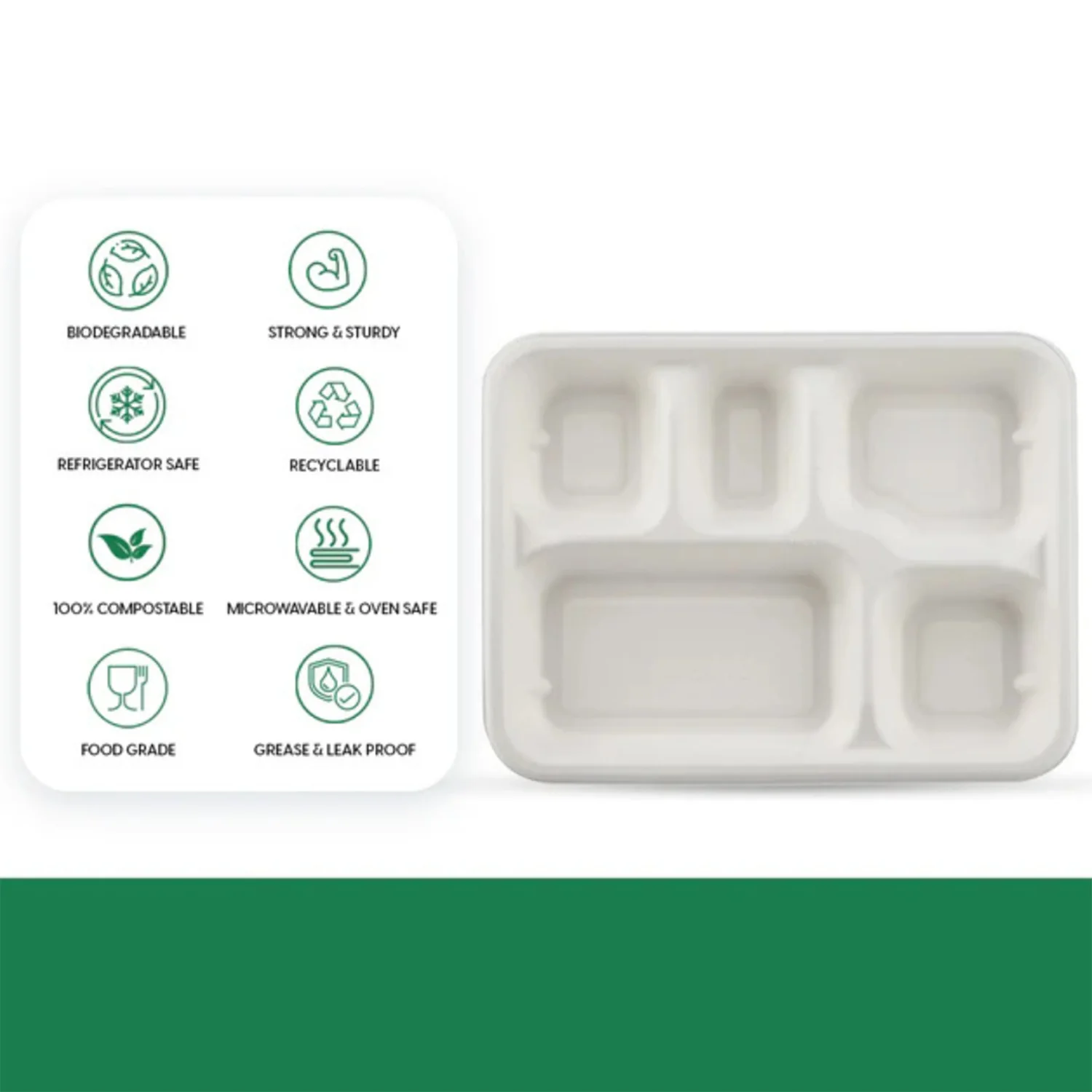5-Compartment Rectangle Lunch Compostable Bagasse Plate – 10 Pcs Pack - Image 4