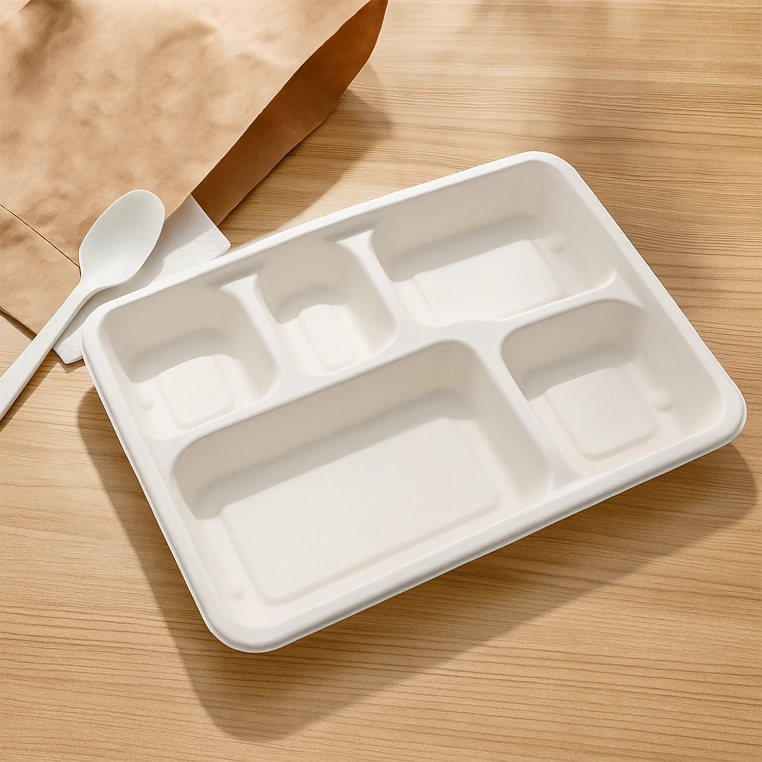 5-Compartment Rectangle Lunch Compostable Bagasse Plate – 10 Pcs Pack - Image 6