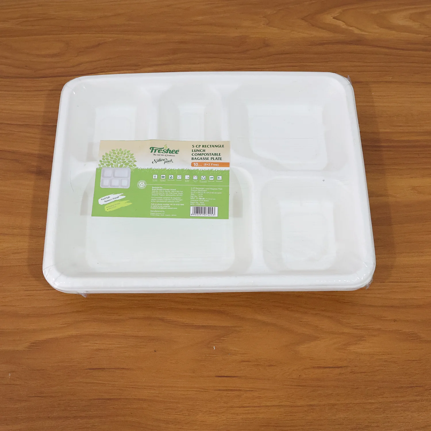 5-Compartment Rectangle Lunch Compostable Bagasse Plate – 10 Pcs Pack - Image 8