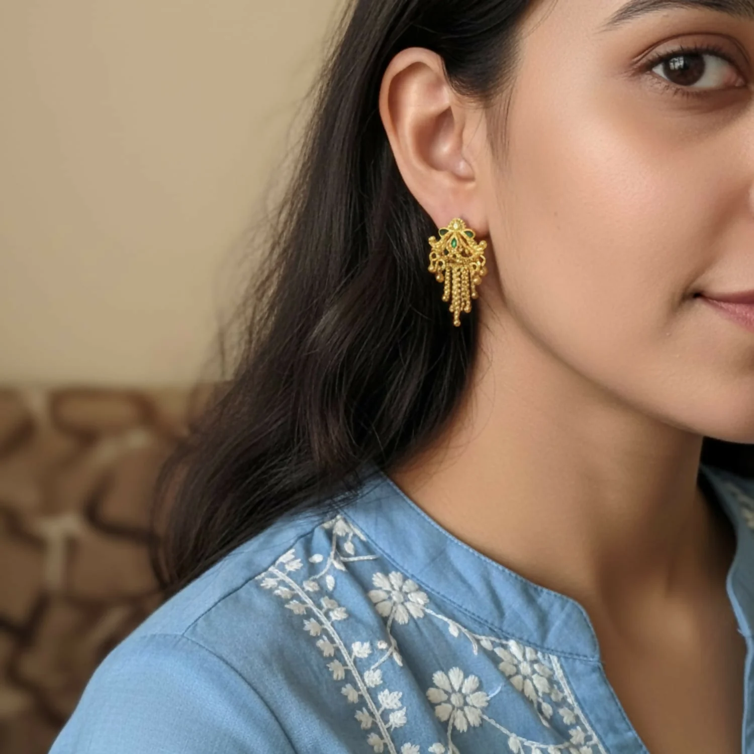 5 Line Side Latkan Golden Earrings with Mina for Women & Girls – Fancy Jewellery Gift - Image 2