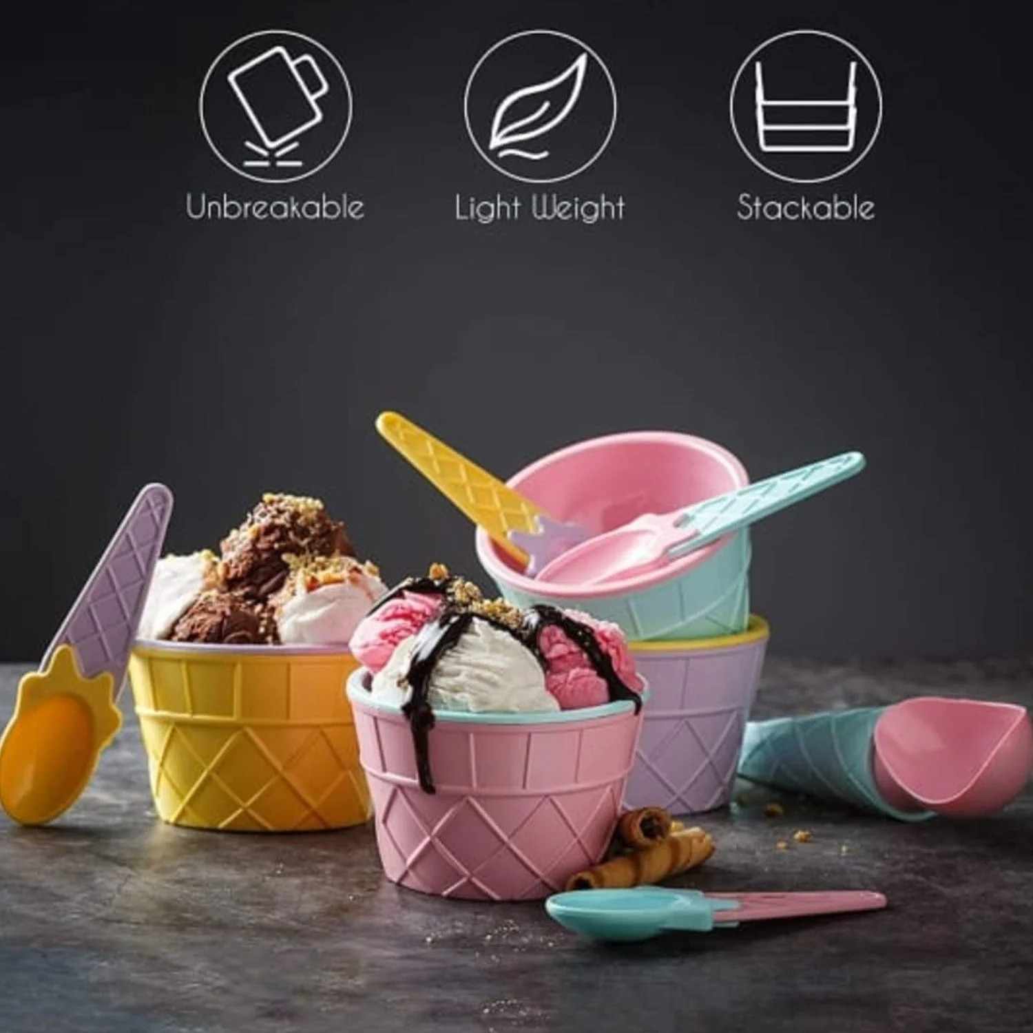 Ice-Cream Waffle Spoon Bowl Cup Set Premium Ice Cream Set 12 Units Coupler Bowl - Image 5