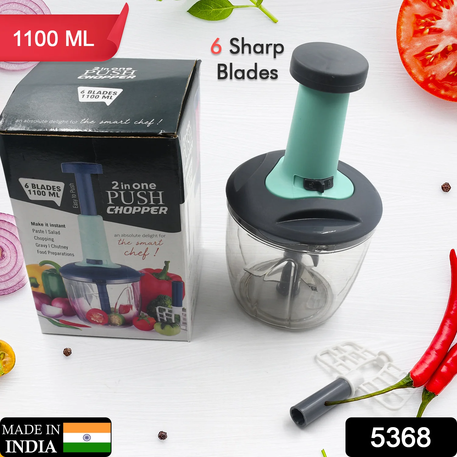 1100 ml 2 in 1 Push Up Chopper with 6 Sharp Blades Vegetable and Fruit Cutter - Image 2