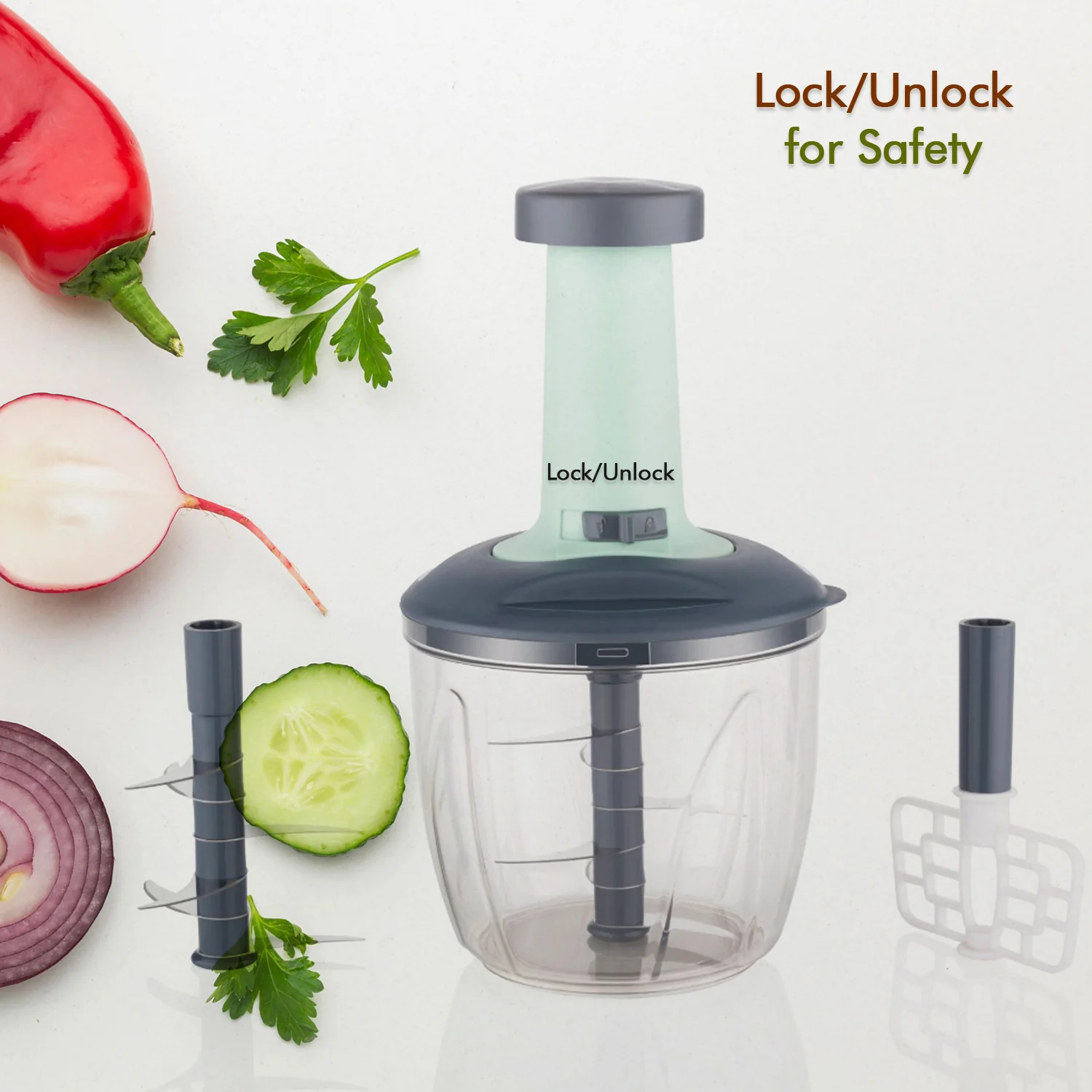 1100 ml 2 in 1 Push Up Chopper with 6 Sharp Blades Vegetable and Fruit Cutter - Image 3