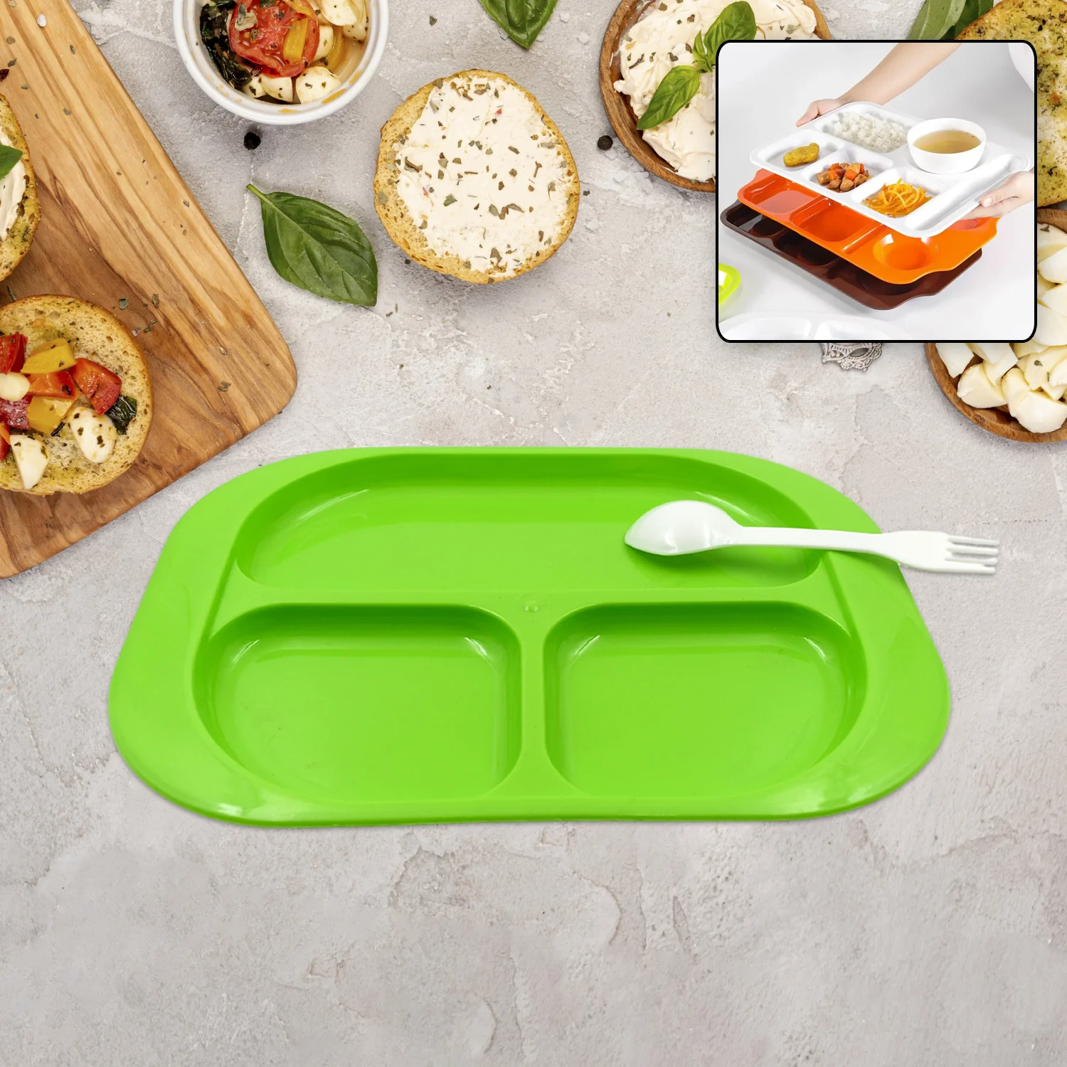 Biodegradable 3-Compartment Plastic Food Plate with Spoon for Snacks (1 Pc) - Image 5