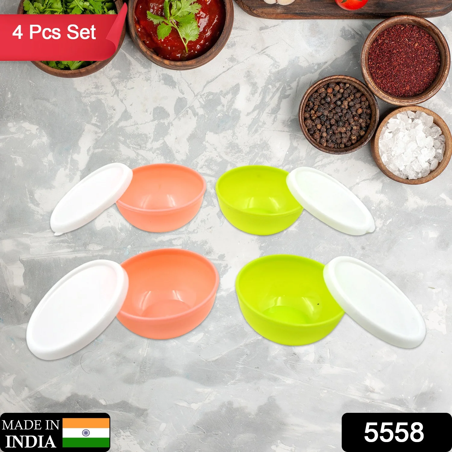 Multipurpose Small Round Plastic Bowl / Katori With Lid,  Chutney Bowl (4 Pcs Set) - Image 2