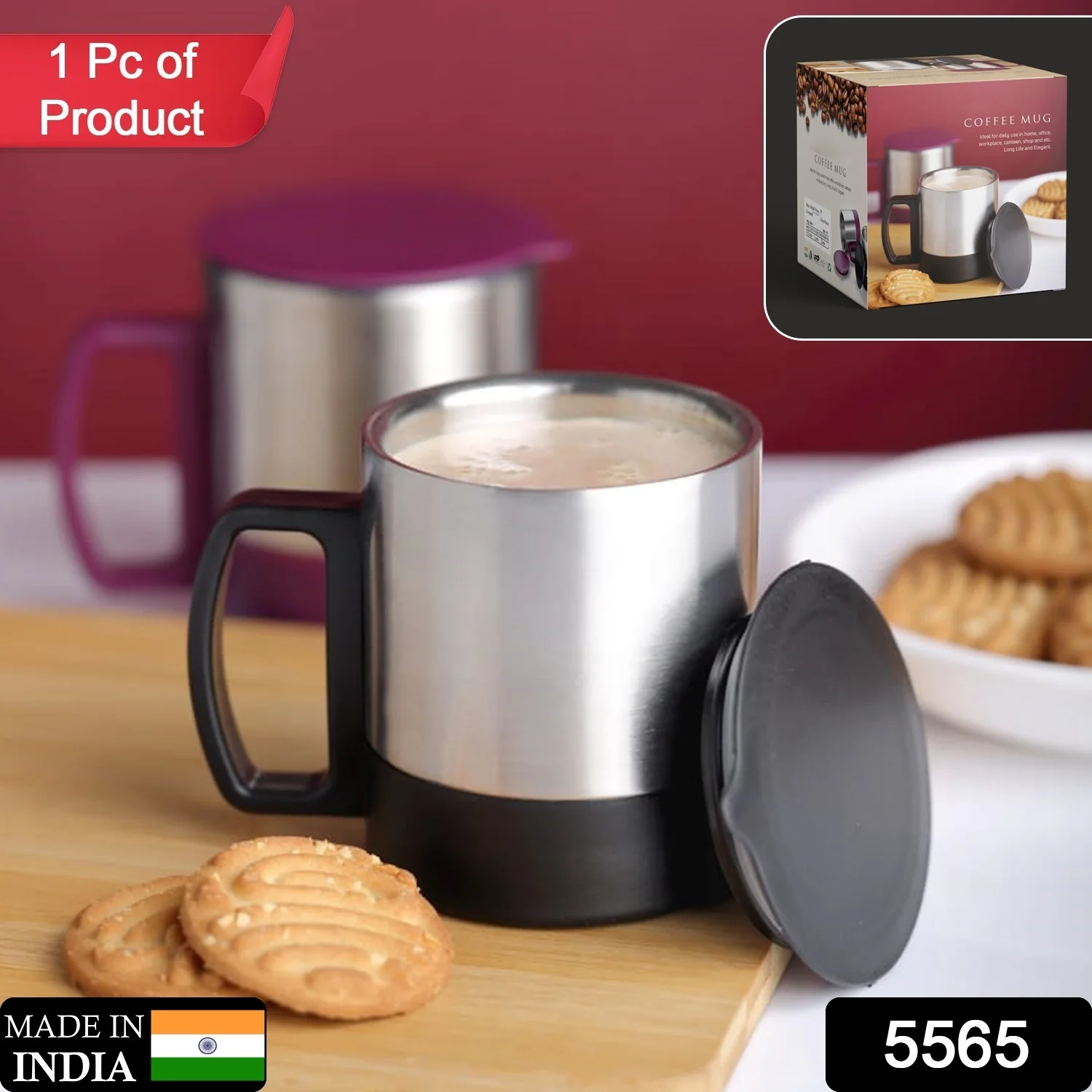 Stainless Steel Coffee/Tea Cup, Stainless Steel Lid Cover Hot Coffee/Tea Mug Hot Insulated Double Wall Stainless Steel, Coffee and Milk Cup with Lid & Handle Easy To Carry - Coffee Cup (1 Pc) - Image 2