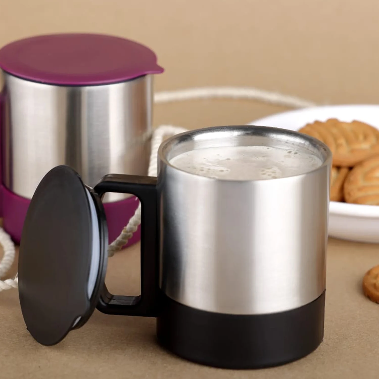Stainless Steel Coffee/Tea Cup, Stainless Steel Lid Cover Hot Coffee/Tea Mug Hot Insulated Double Wall Stainless Steel, Coffee and Milk Cup with Lid & Handle Easy To Carry - Coffee Cup (1 Pc) - Image 3