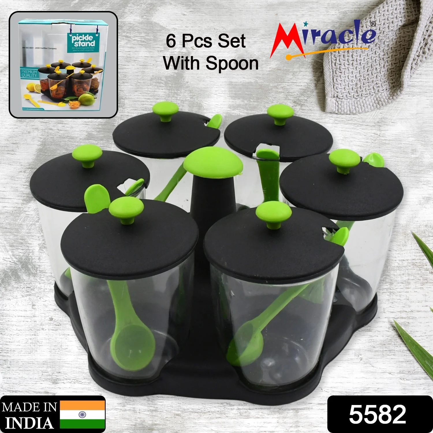 Multipurpose 6 Piece Miracle Revolving Plastic Spice Container Rack With 6 Spoon, Condiment Set, Masala Rack Set, Revolving Spice Rack Aachar Container Chutney Mukhwas Tray Masala Dining Spice Stand - Image 2
