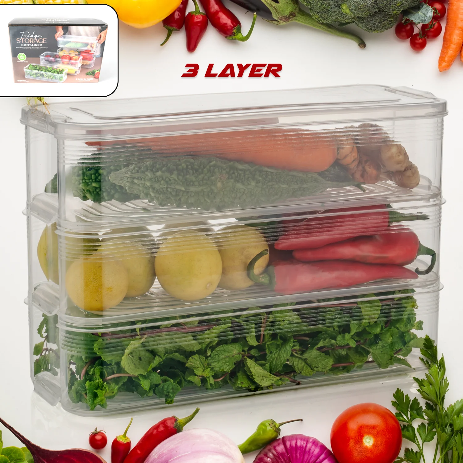 3 Fridge Storage Container, Fridge Organizer with Lid Stackable Fridge Storage Containers Plastic Freezer Storage Containers for Fish, Meat, Vegetables, Fruits, Pack of 3pcs, 1500ML Approx - Image 4