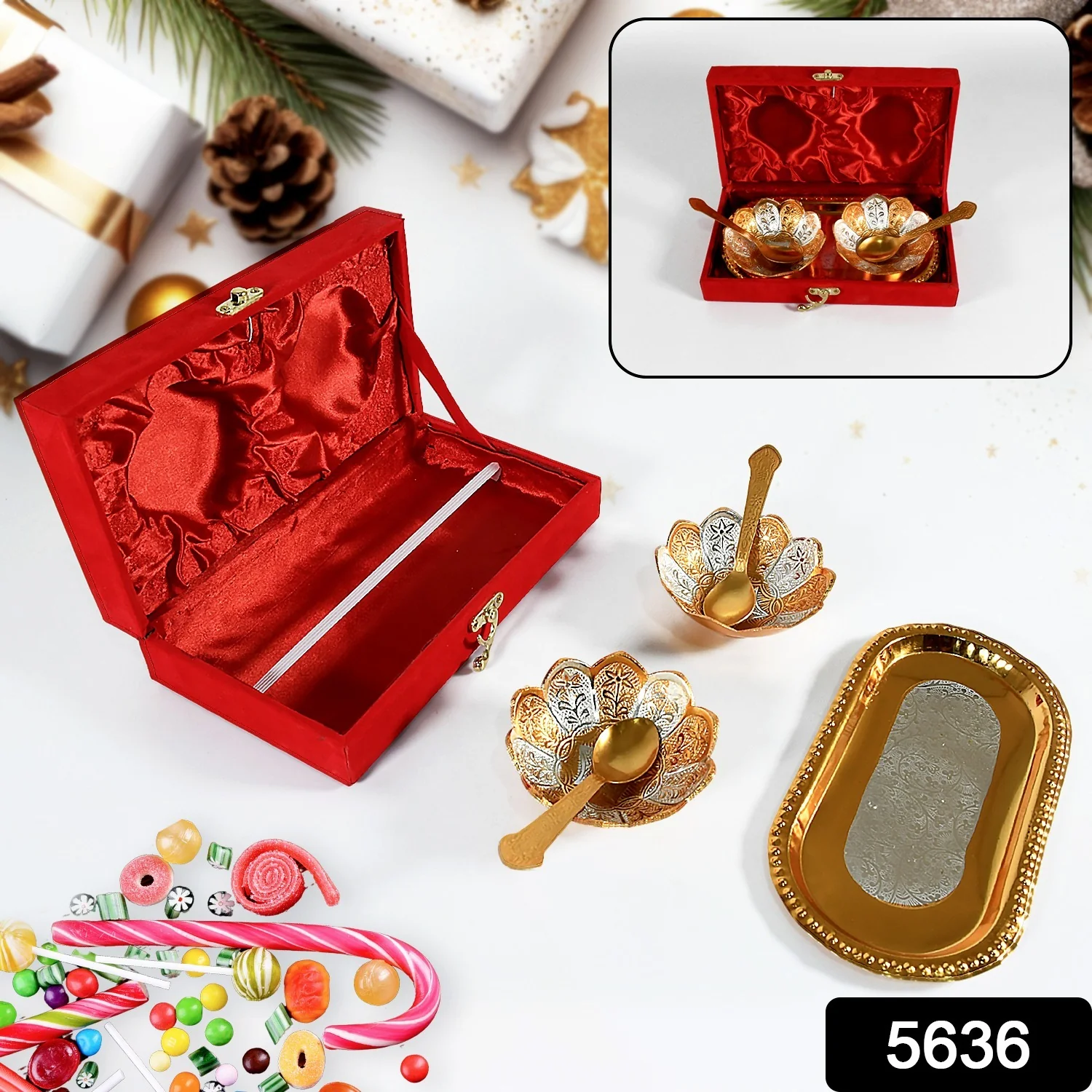 5-in-1 Gold & Silver Plated Bowl Spoon Tray Set with Velvet Gift Box - Image 2