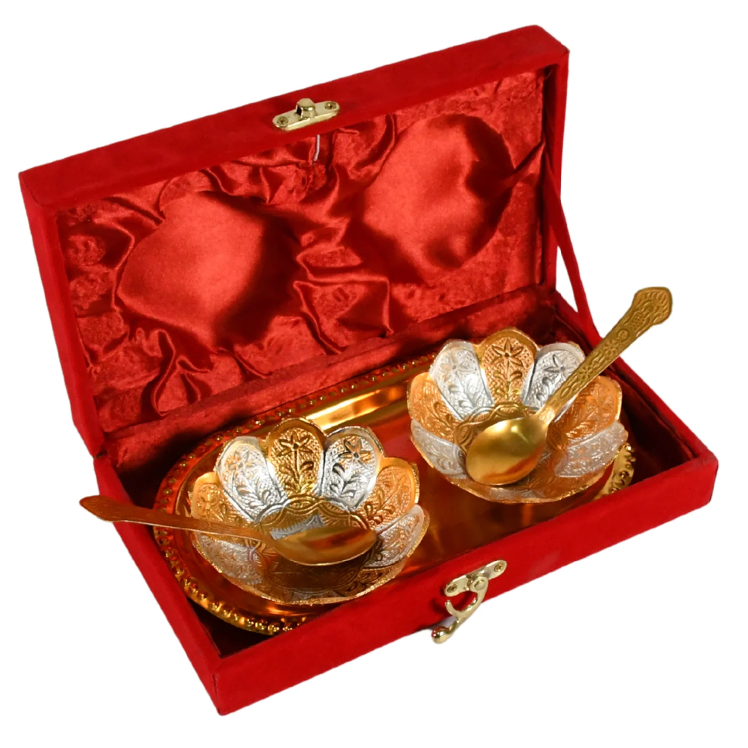 5-in-1 Gold & Silver Plated Bowl Spoon Tray Set with Velvet Gift Box - Image 4