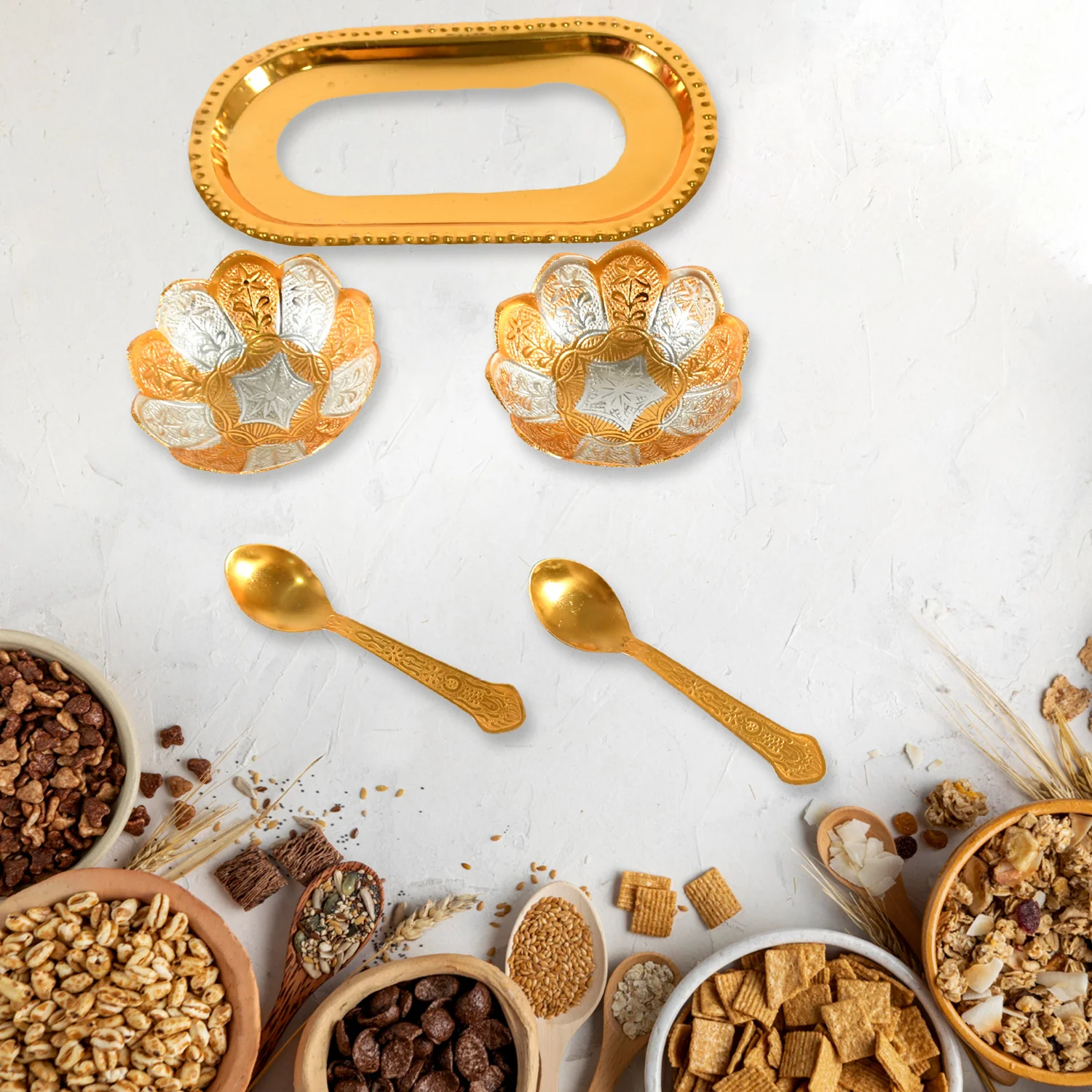 5-in-1 Gold & Silver Plated Bowl Spoon Tray Set with Velvet Gift Box - Image 5