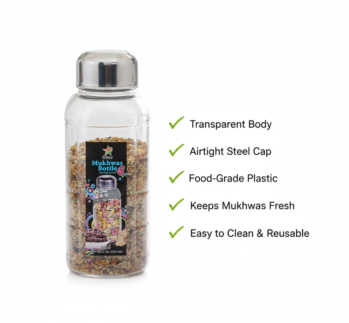 Plastic Transparent Mukhwas Bottle With Steel Cap Kitchen Storage Bottle (1 Pc) - Image 5