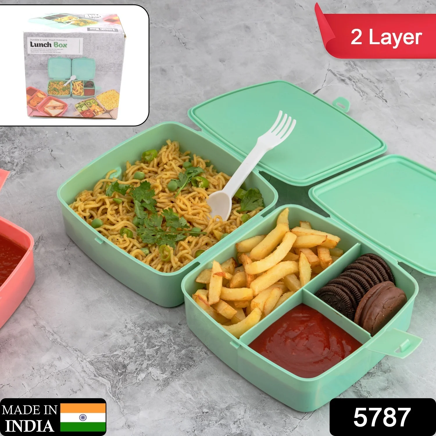 Double-Layer Square Lunch Box with Spoon , 4 Compartment Tiffin & Push Lock - Image 2