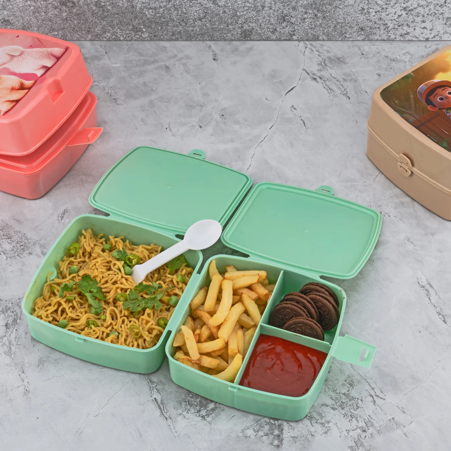 Double-Layer Square Lunch Box with Spoon , 4 Compartment Tiffin & Push Lock - Image 3