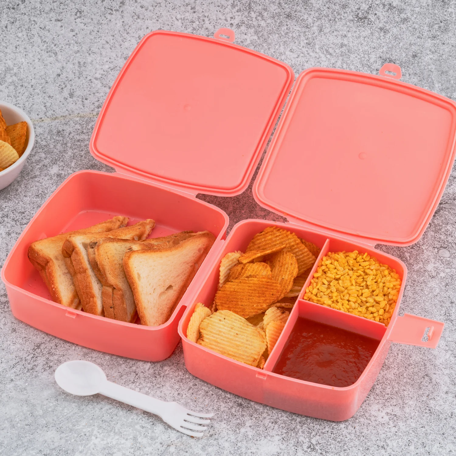 Double-Layer Square Lunch Box with Spoon , 4 Compartment Tiffin & Push Lock - Image 5