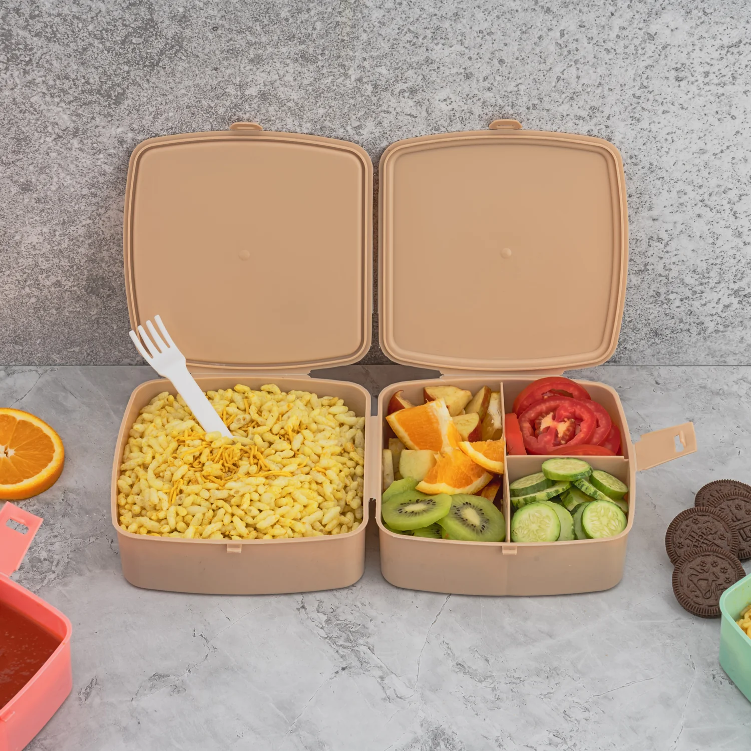Double-Layer Square Lunch Box with Spoon , 4 Compartment Tiffin & Push Lock - Image 7